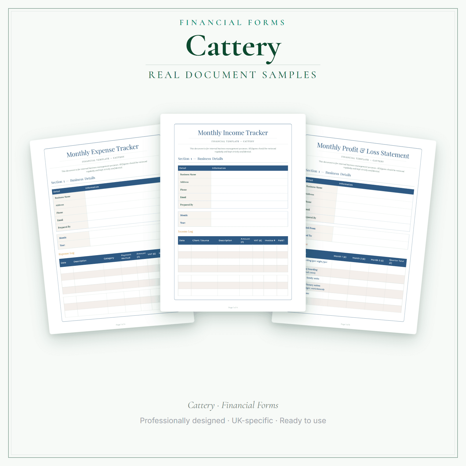 Cattery — Financial Forms Bundle — Premium sample pages preview