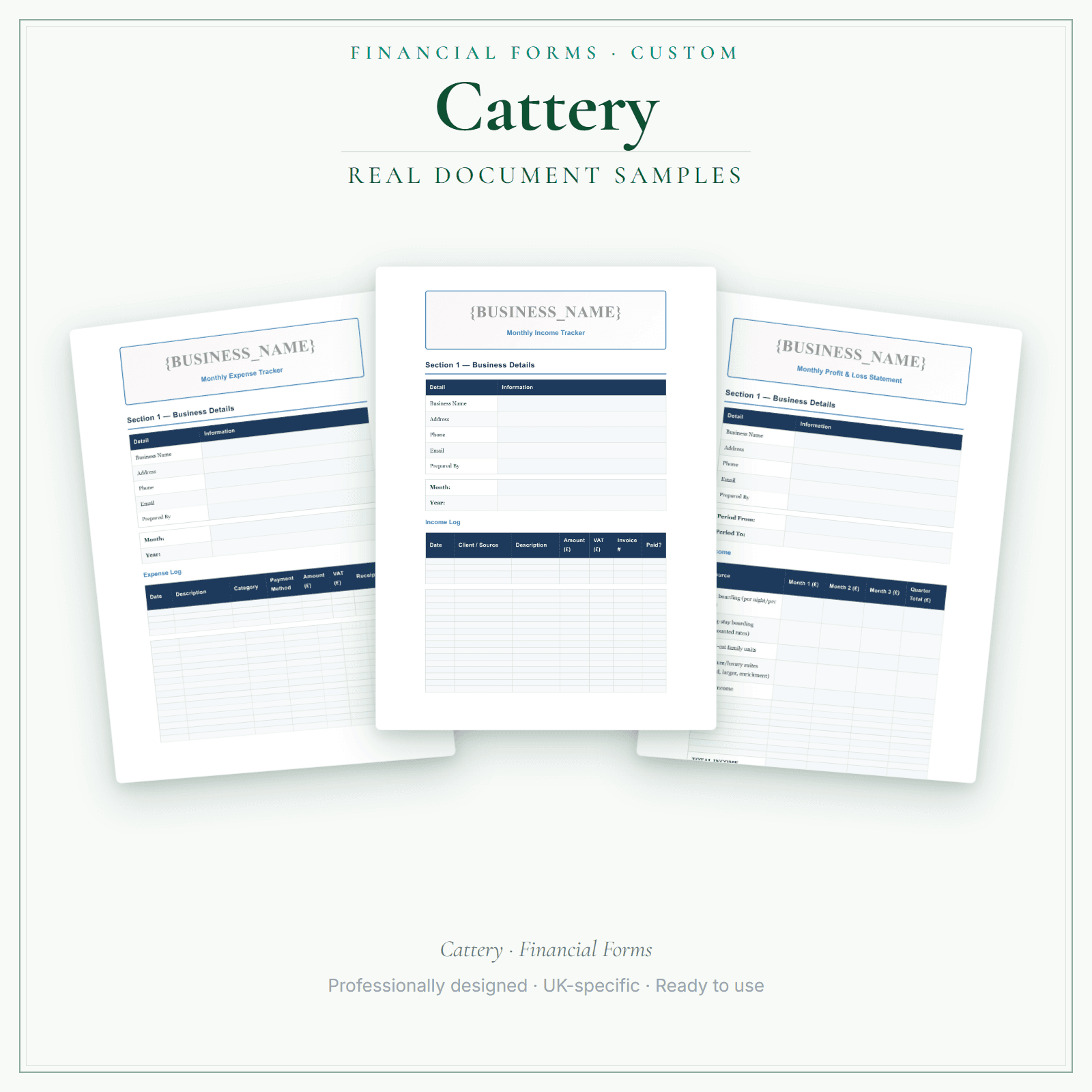 Cattery — Financial Forms Bundle — Customisable sample pages preview