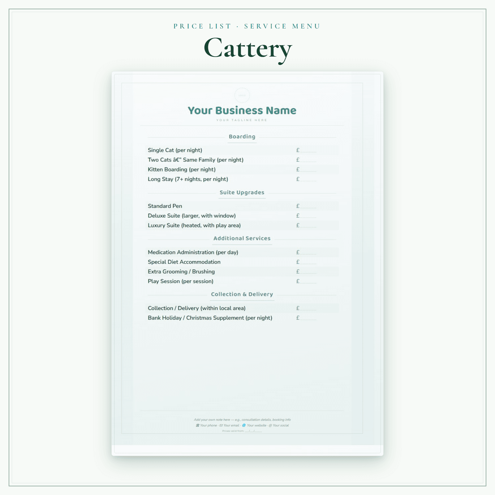 Cattery — Price List & Service Menu sample pages preview