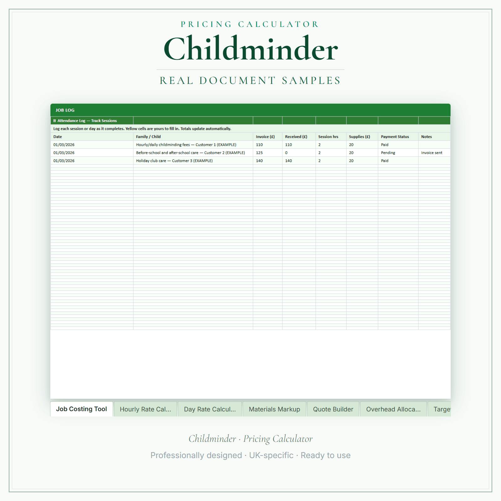 Childminder — Pricing Calculator — Premium sample pages preview