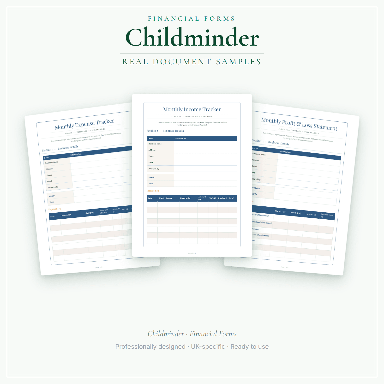 Childminder — Financial Forms Bundle — Premium sample pages preview