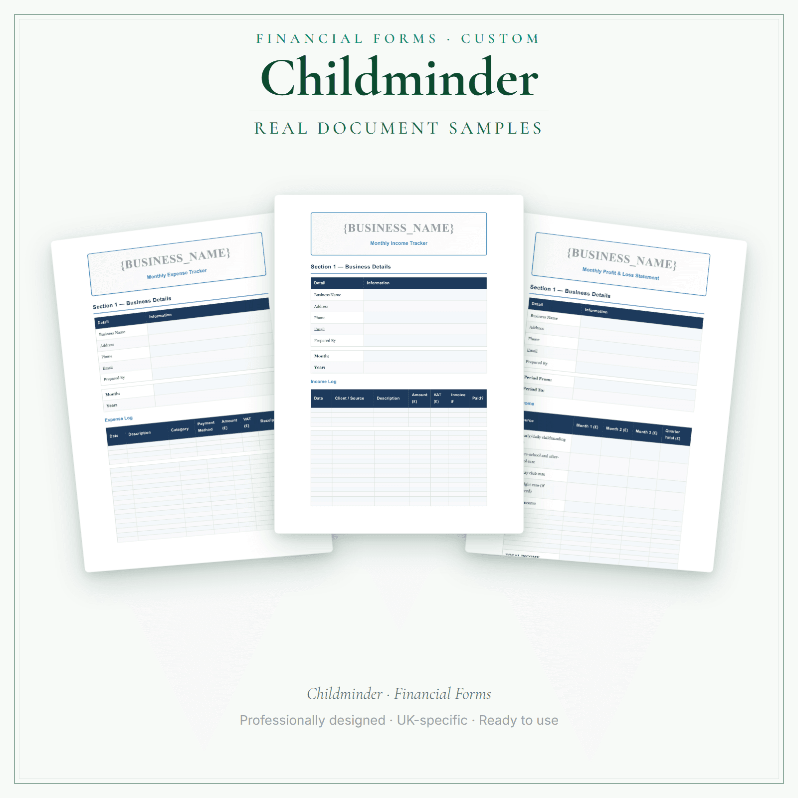 Childminder — Financial Forms Bundle — Customisable sample pages preview