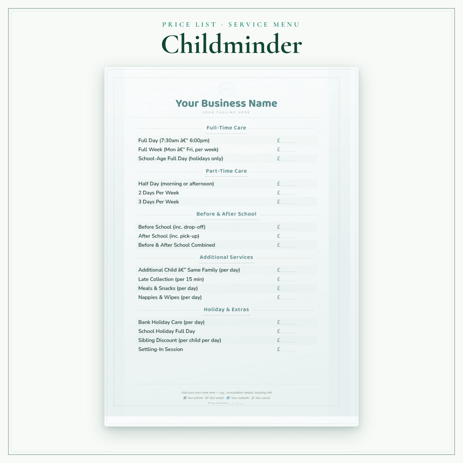 Childminder — Price List & Service Menu sample pages preview