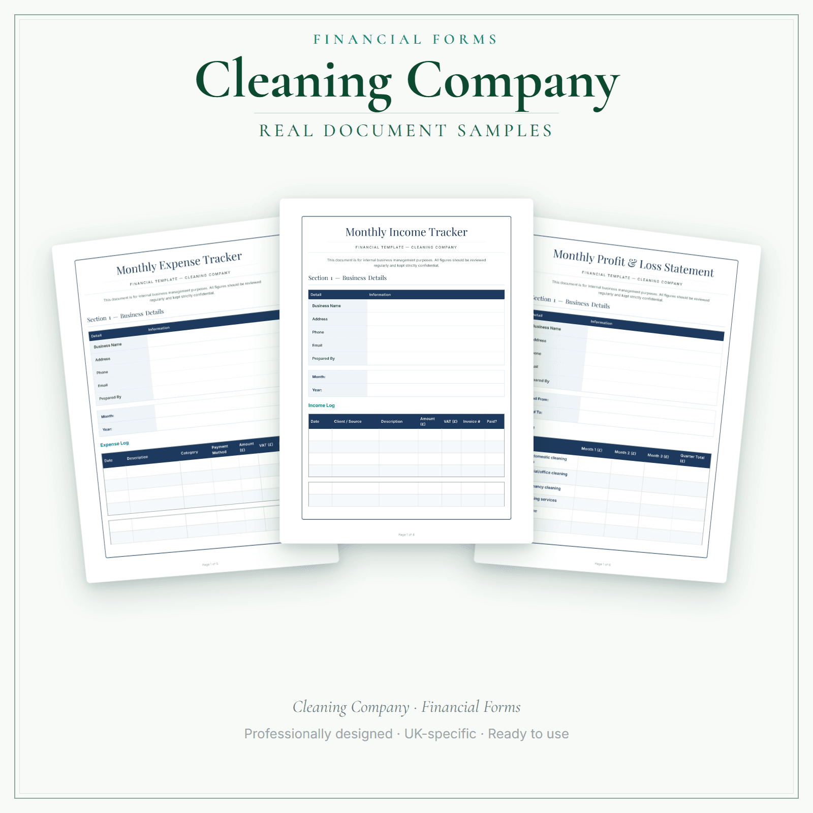 Cleaning Company — Financial Forms Bundle — Premium sample pages preview