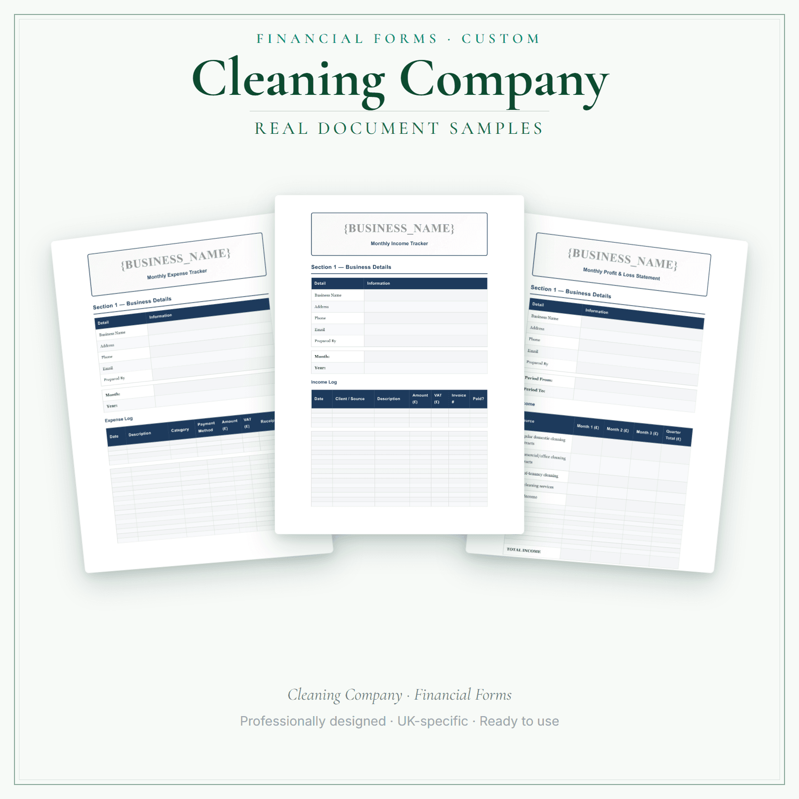 Cleaning Company — Financial Forms Bundle — Customisable sample pages preview
