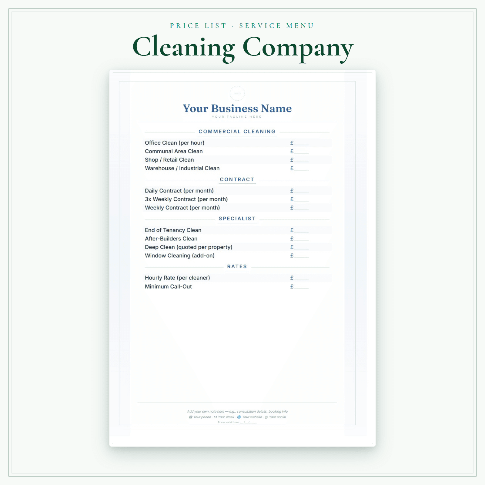Cleaning Company — Price List & Service Menu sample pages preview