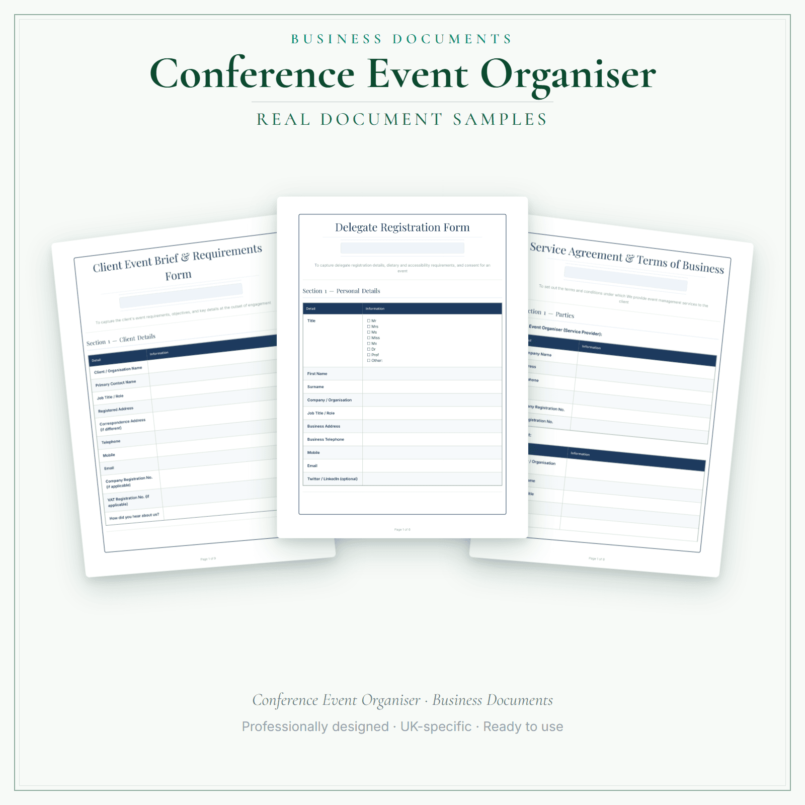 Conference Event Organiser — Business Documents — Premium sample pages preview