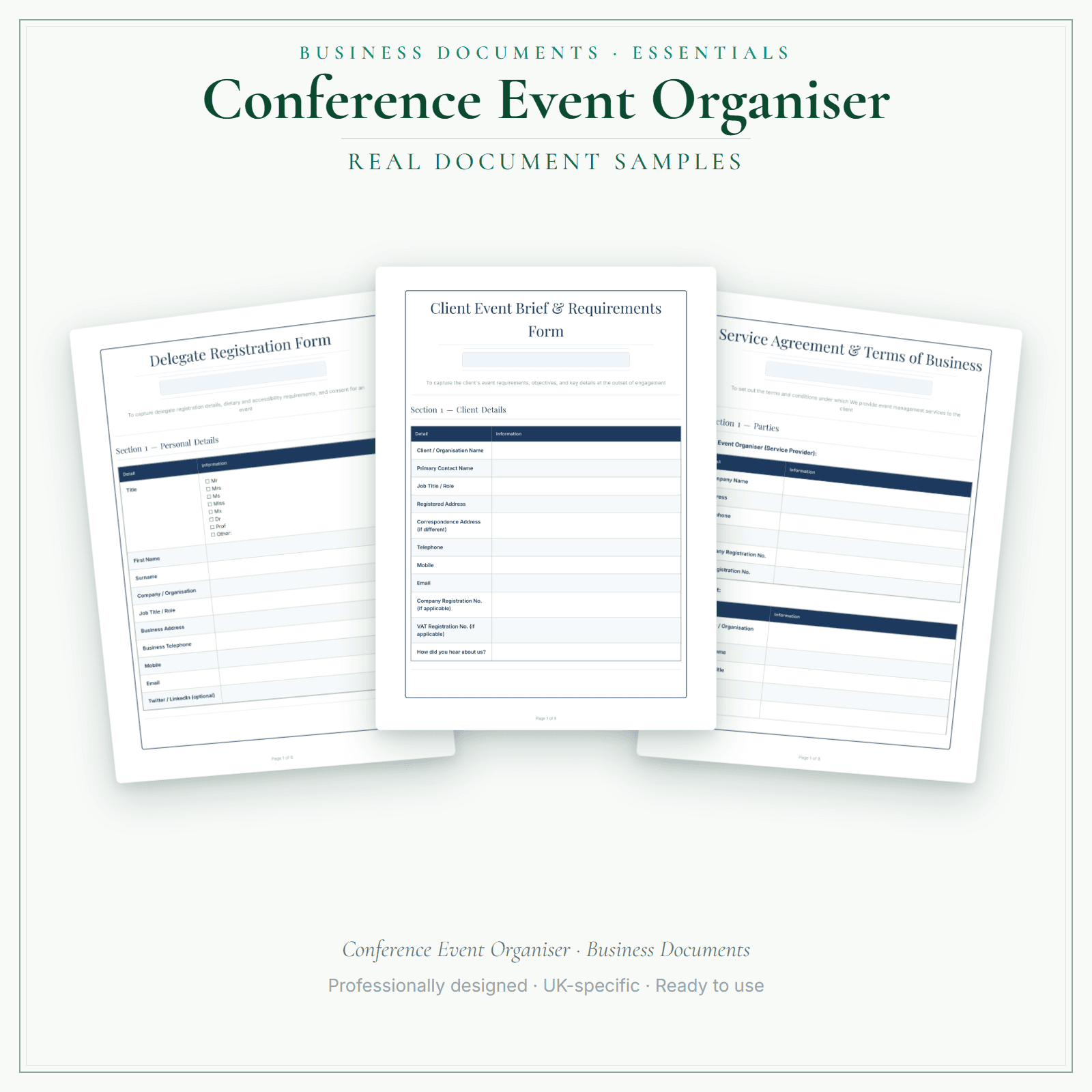 Conference Event Organiser — Business Documents — Essential sample pages preview