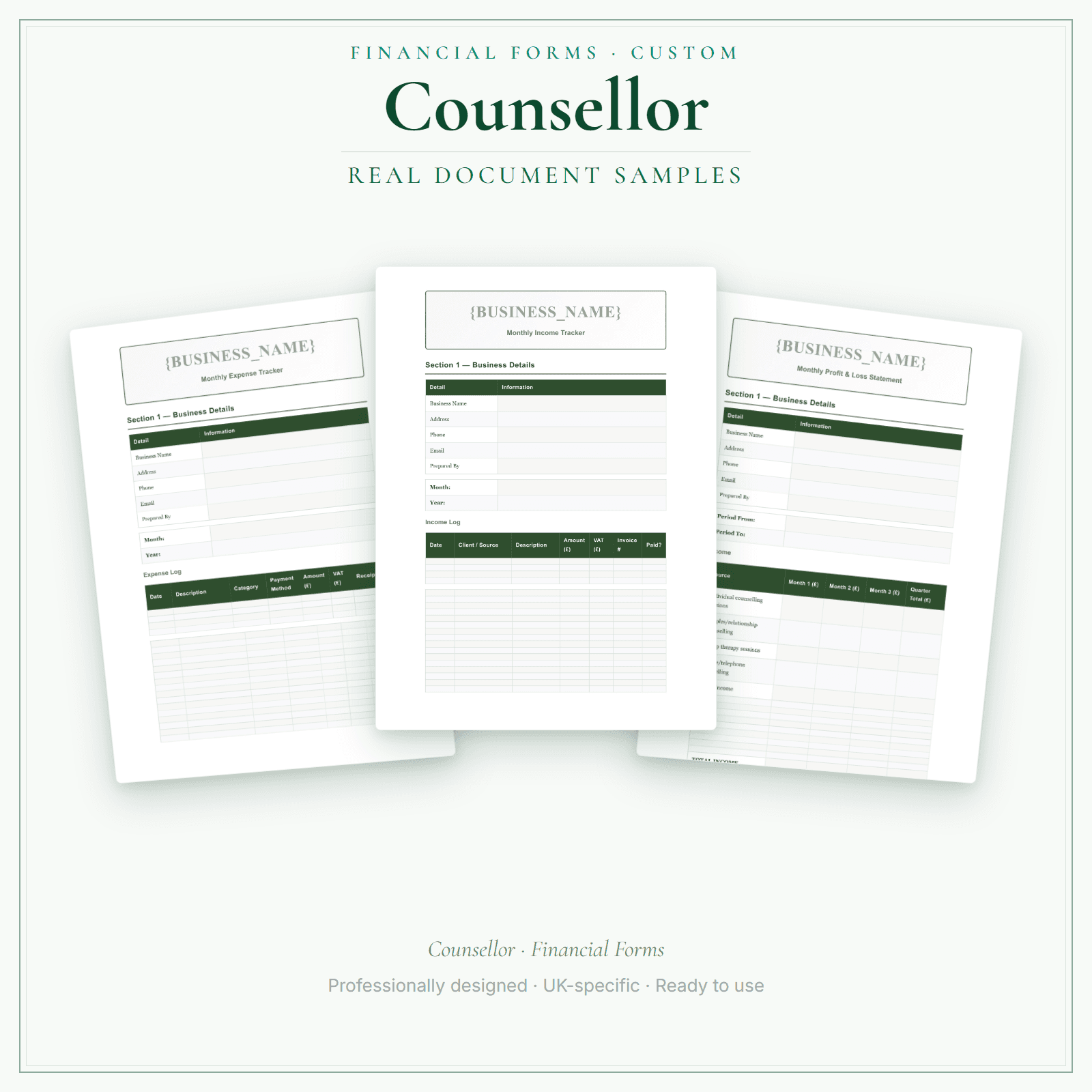 Counsellor — Financial Forms Bundle — Customisable sample pages preview