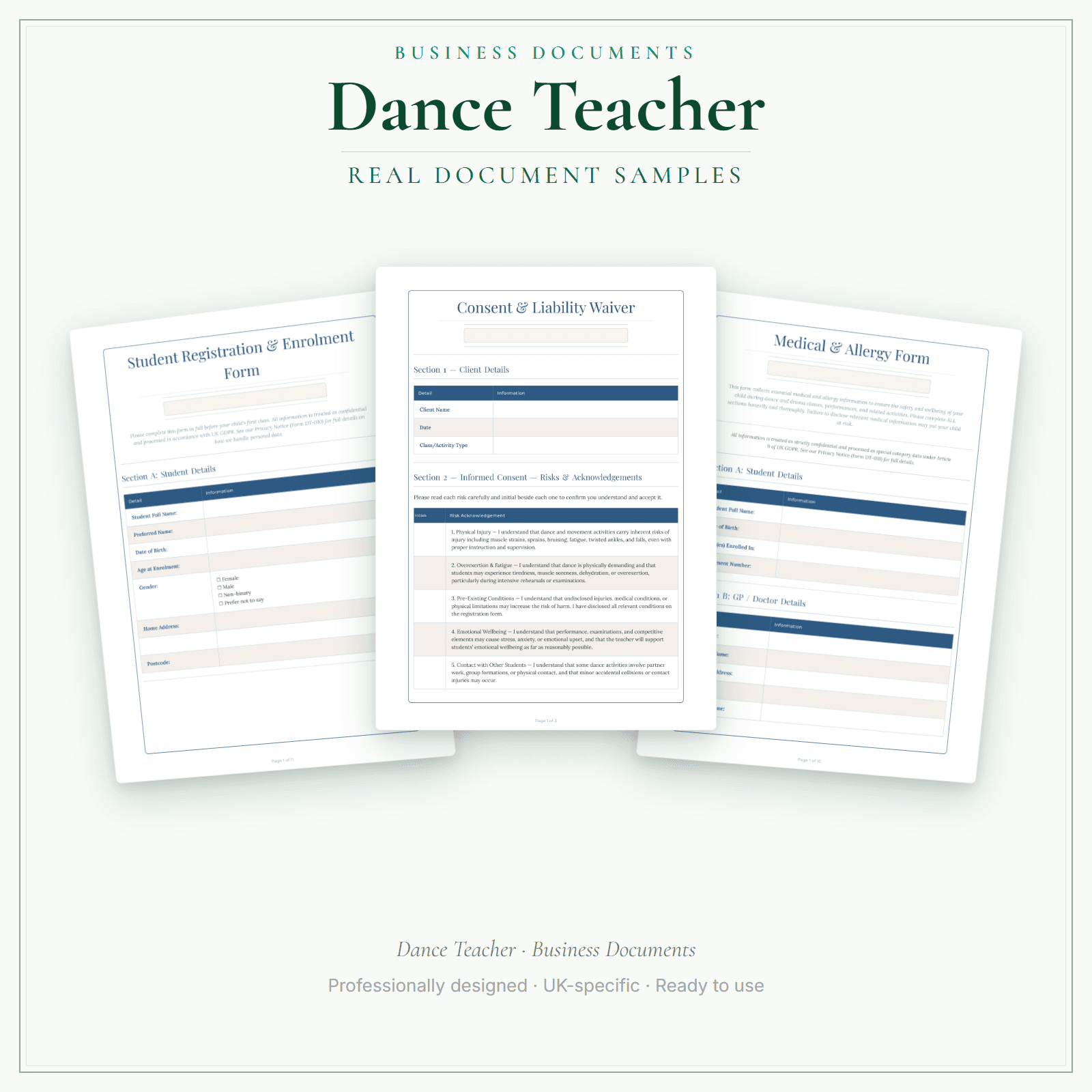 Dance Teacher — Business Documents — Premium sample pages preview