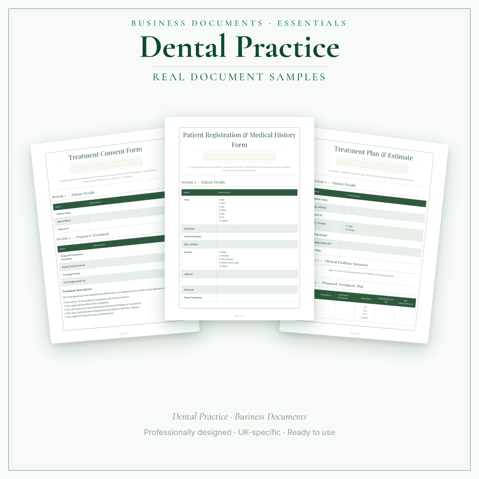 Dental Practice — Business Documents — Essential sample pages preview