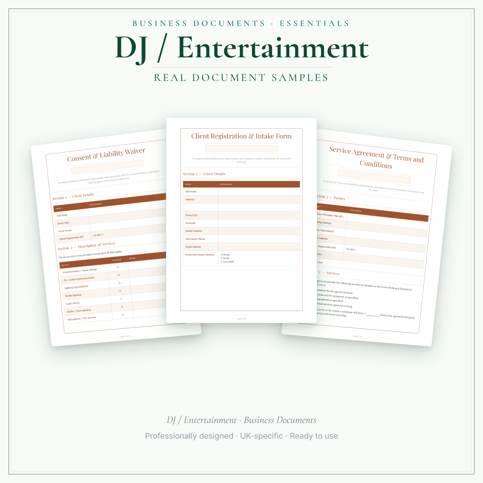 DJ / Entertainment — Business Documents — Essential sample pages preview
