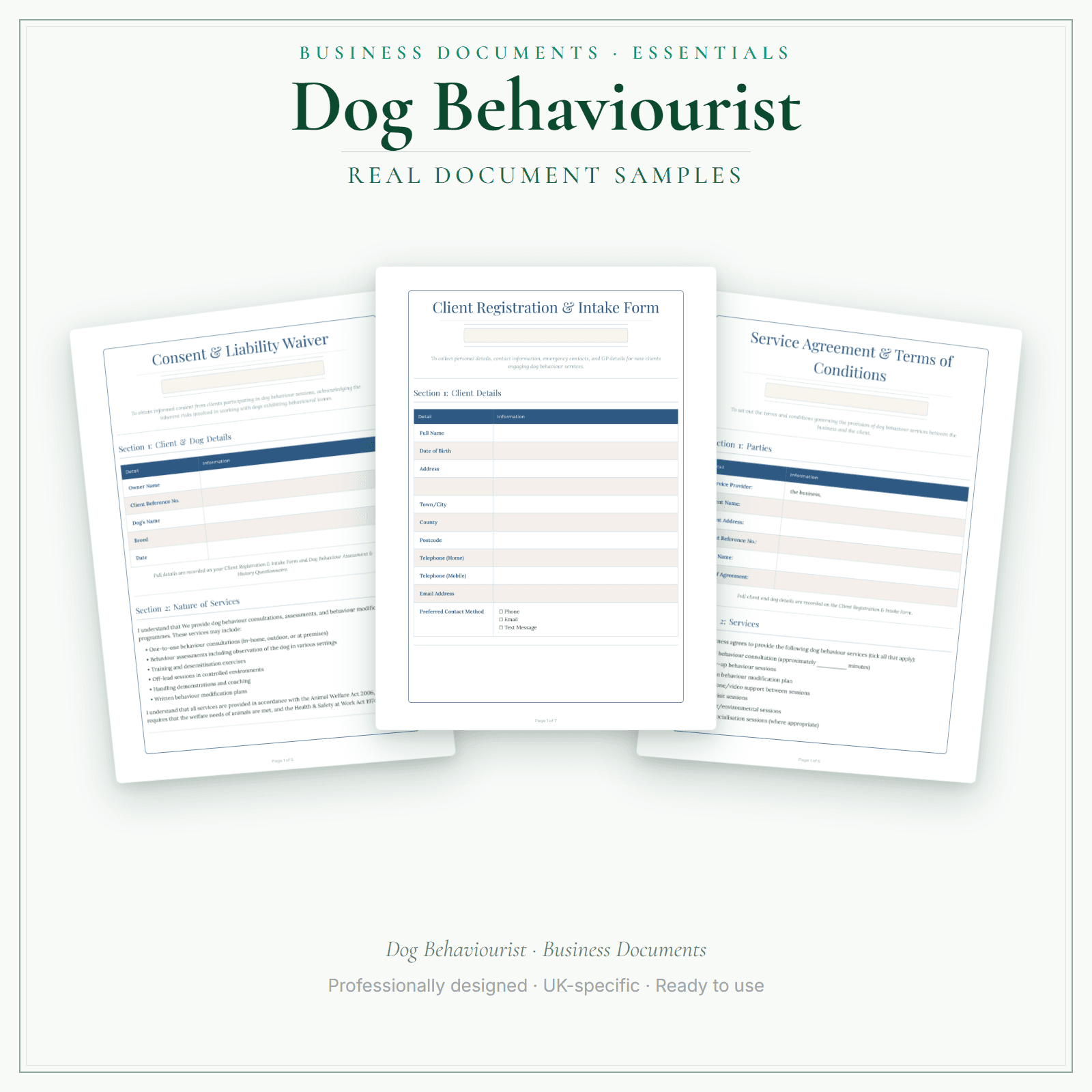Dog Behaviourist — Business Documents — Essential sample pages preview