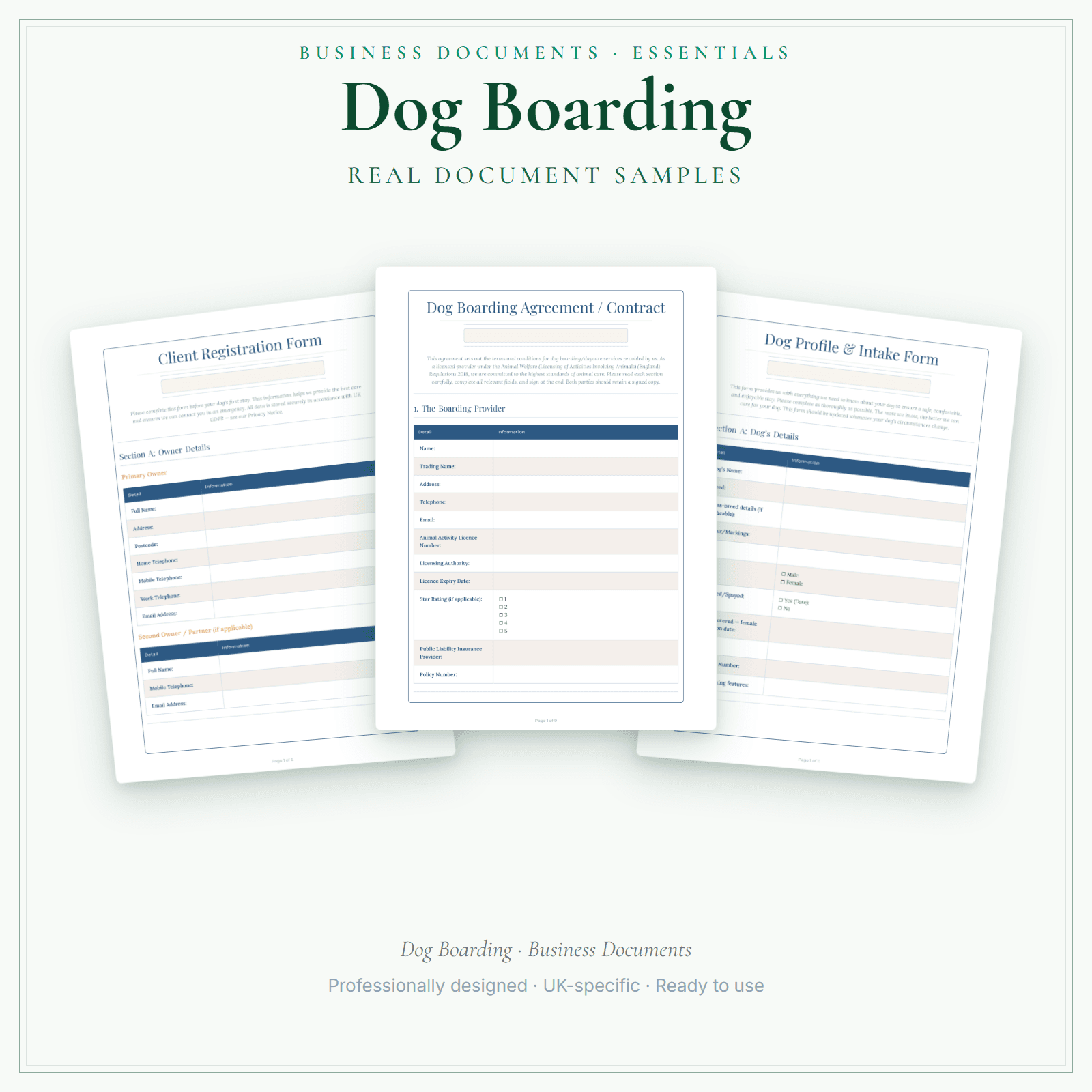 Dog Boarding — Business Documents — Essential sample pages preview