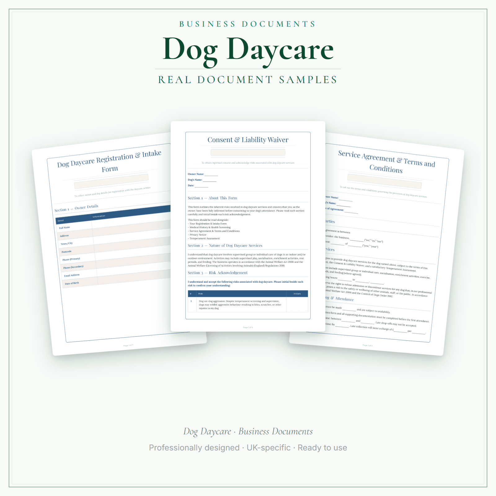 Dog Daycare — Business Documents — Premium sample pages preview