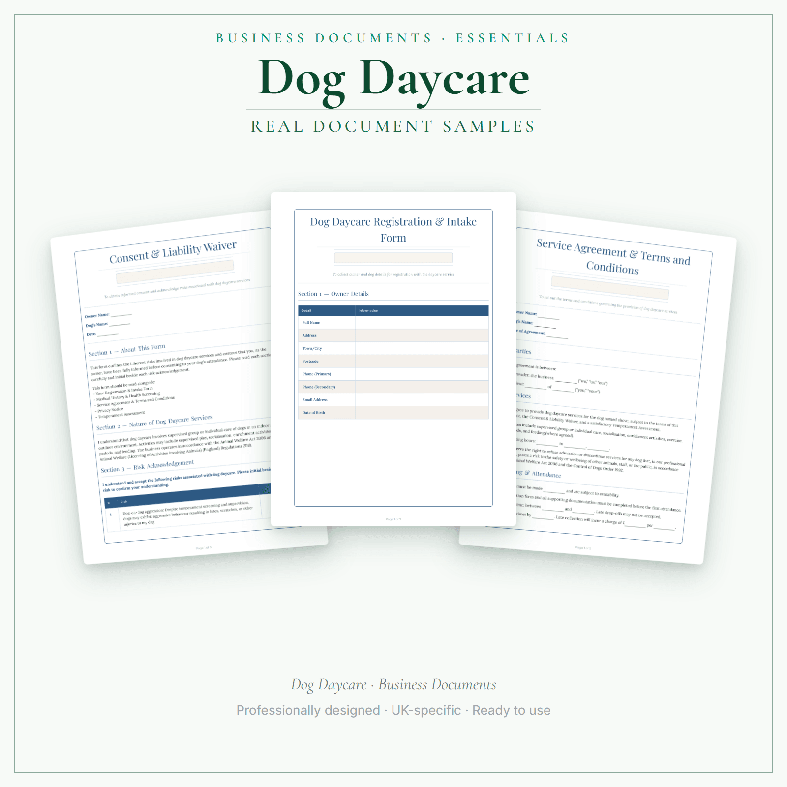 Dog Daycare — Business Documents — Essential sample pages preview
