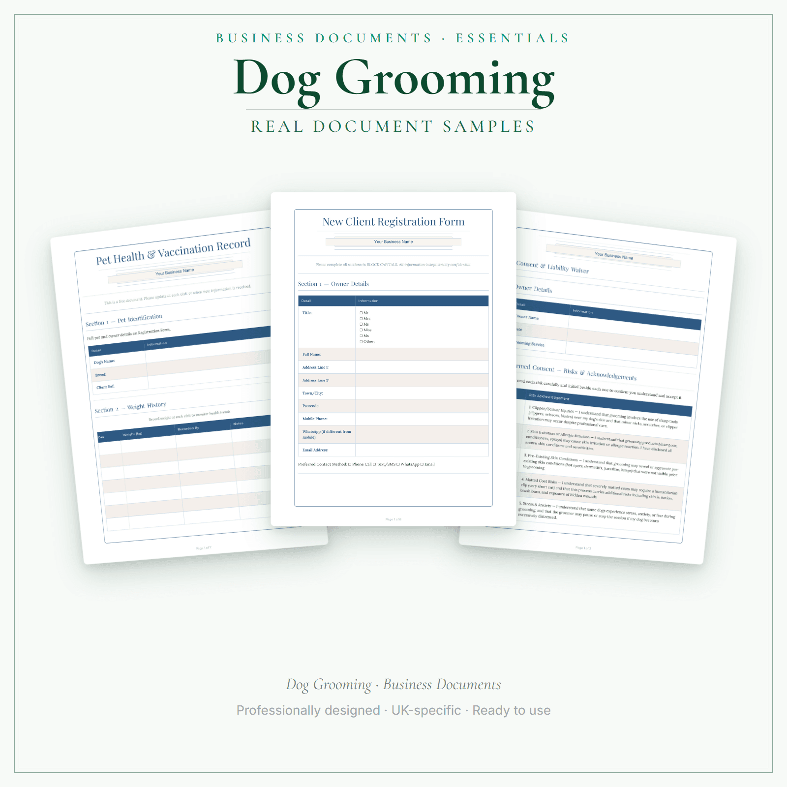 Dog Grooming — Business Documents — Essential sample pages preview