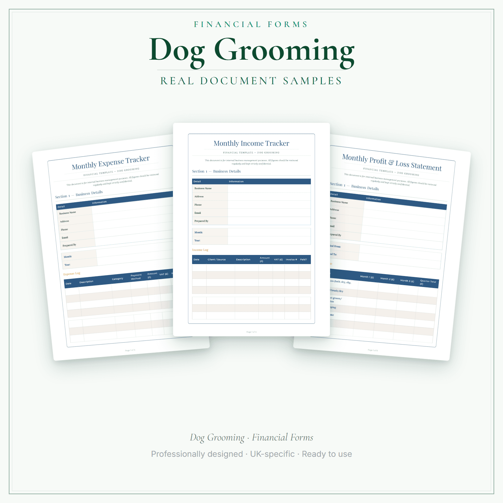 Dog Grooming — Financial Forms Bundle — Premium sample pages preview