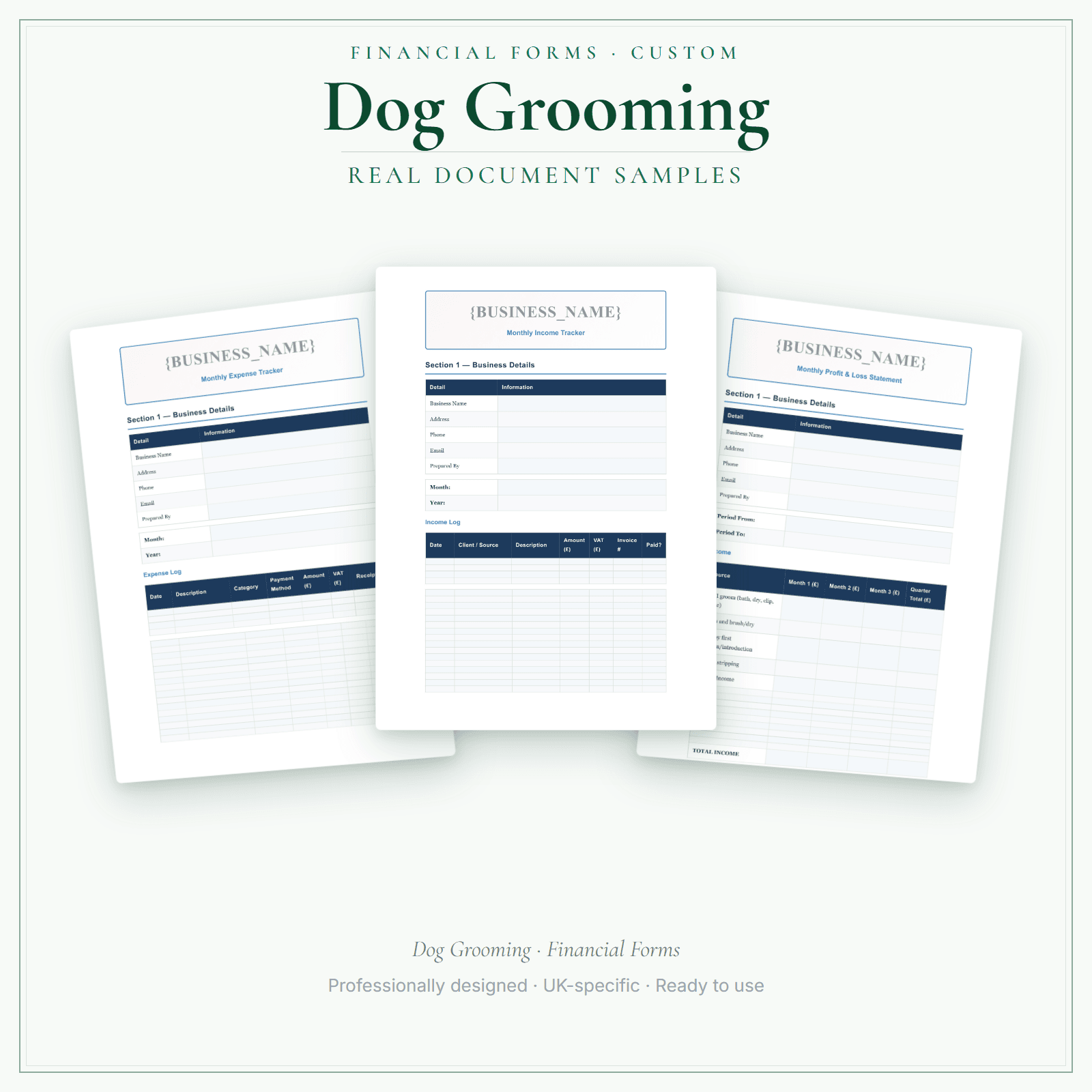 Dog Grooming — Financial Forms Bundle — Customisable sample pages preview