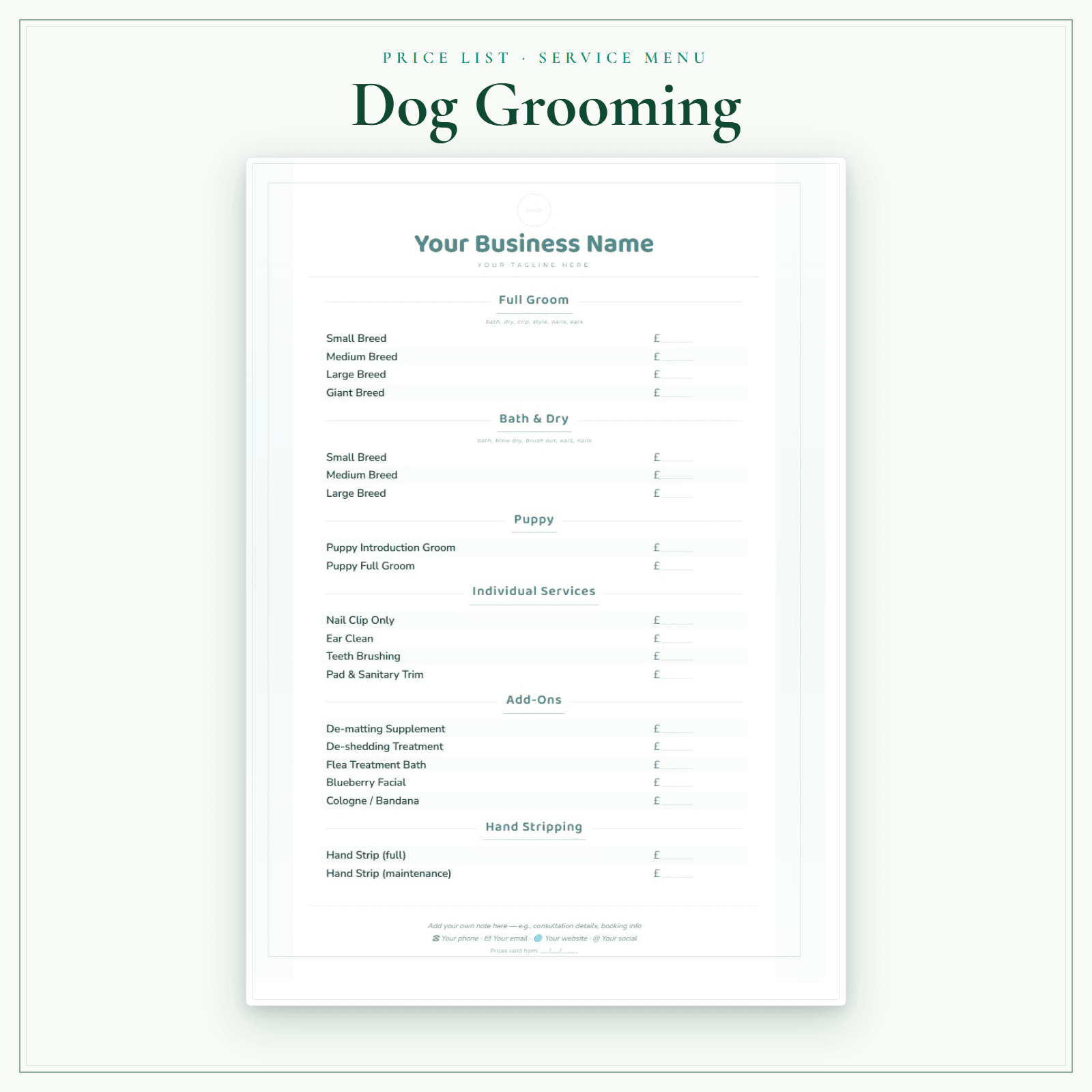 Dog Grooming — Price List & Service Menu sample pages preview