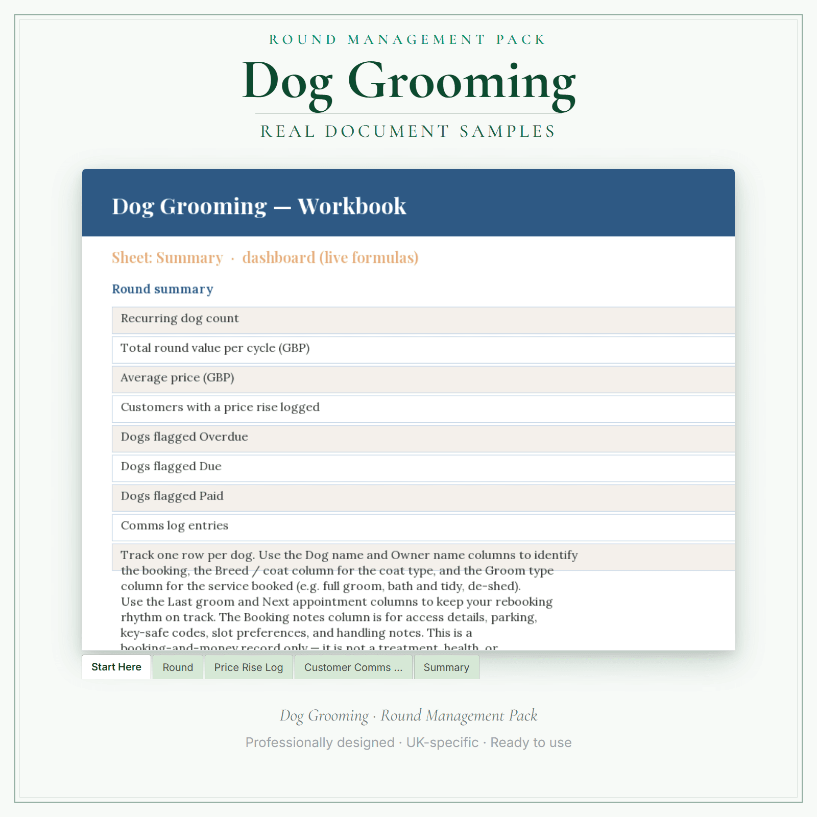 Dog Grooming — Round Management Pack sample pages preview