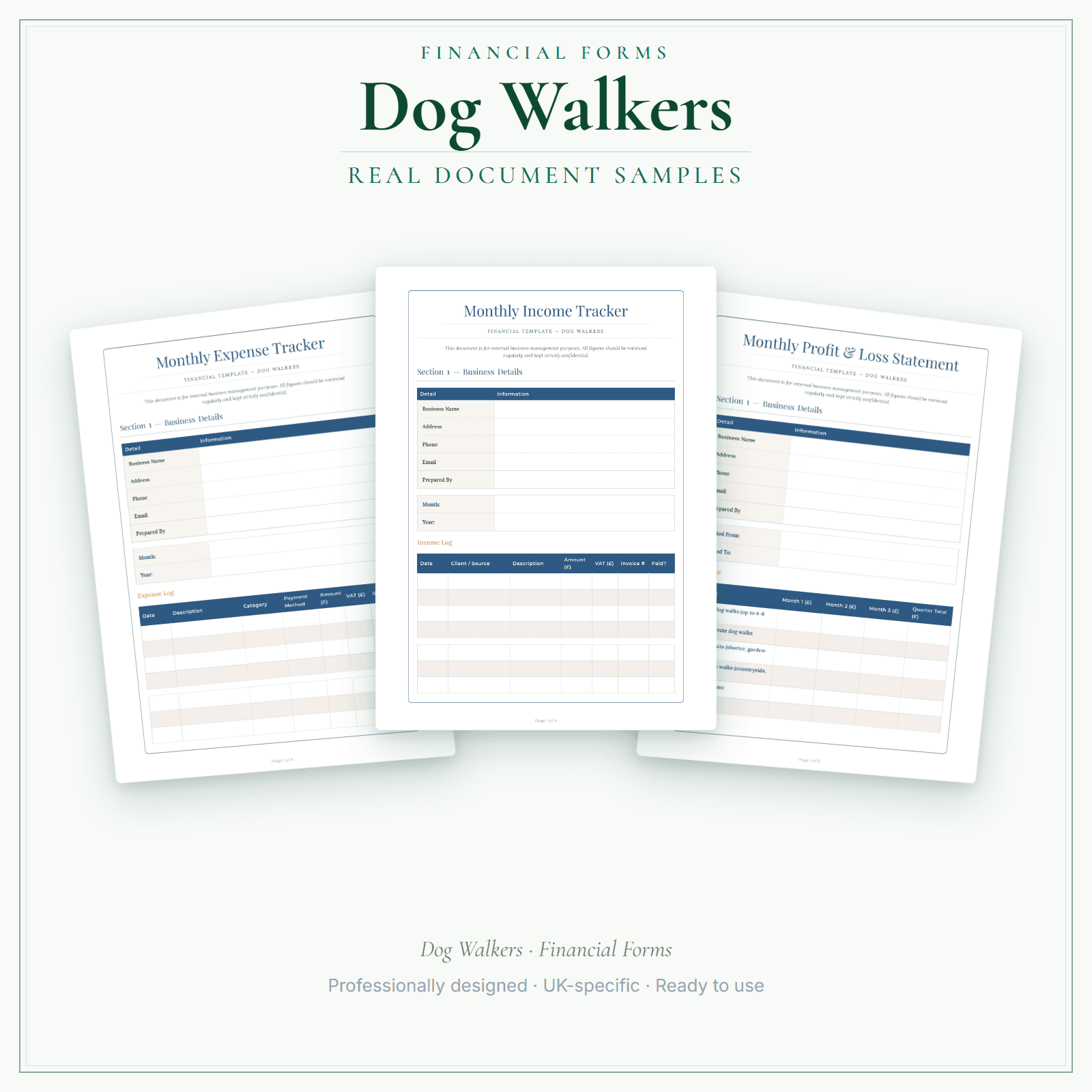Dog Walkers — Financial Forms Bundle — Premium sample pages preview
