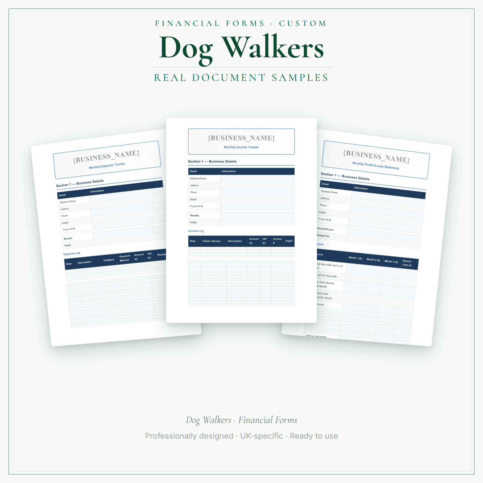 Dog Walkers — Financial Forms Bundle — Customisable sample pages preview