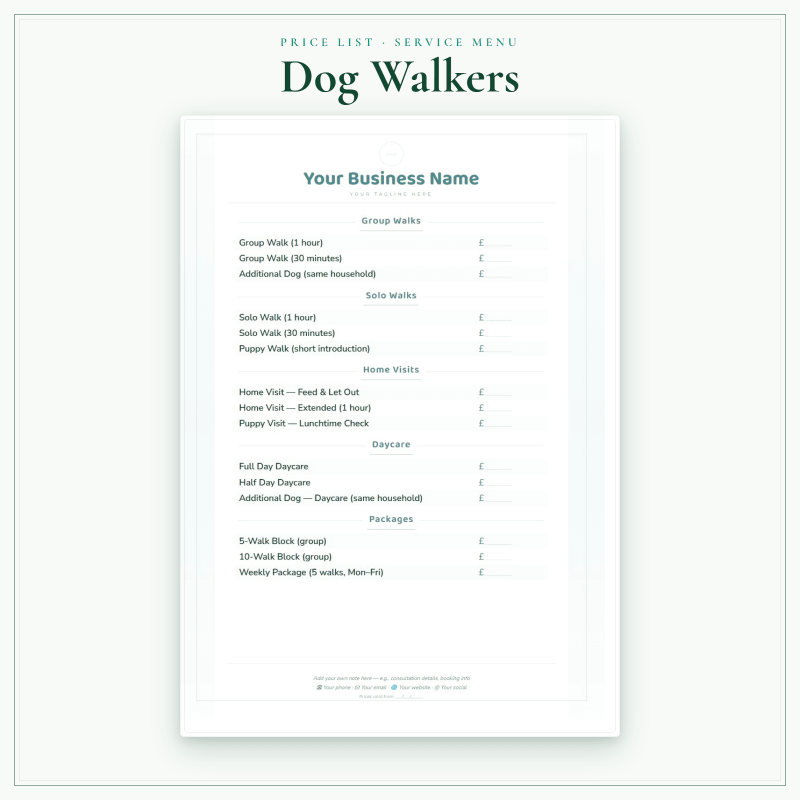 Dog Walkers — Price List & Service Menu sample pages preview