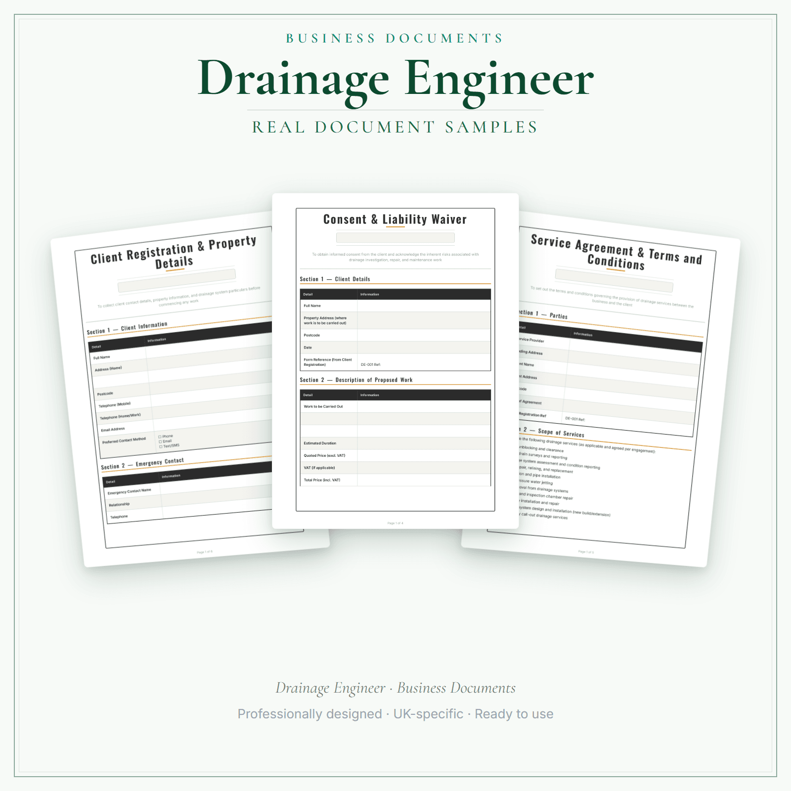 Drainage Engineer — Business Documents — Premium sample pages preview