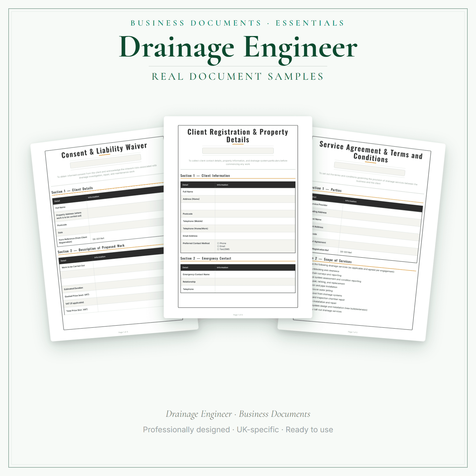 Drainage Engineer — Business Documents — Essential sample pages preview