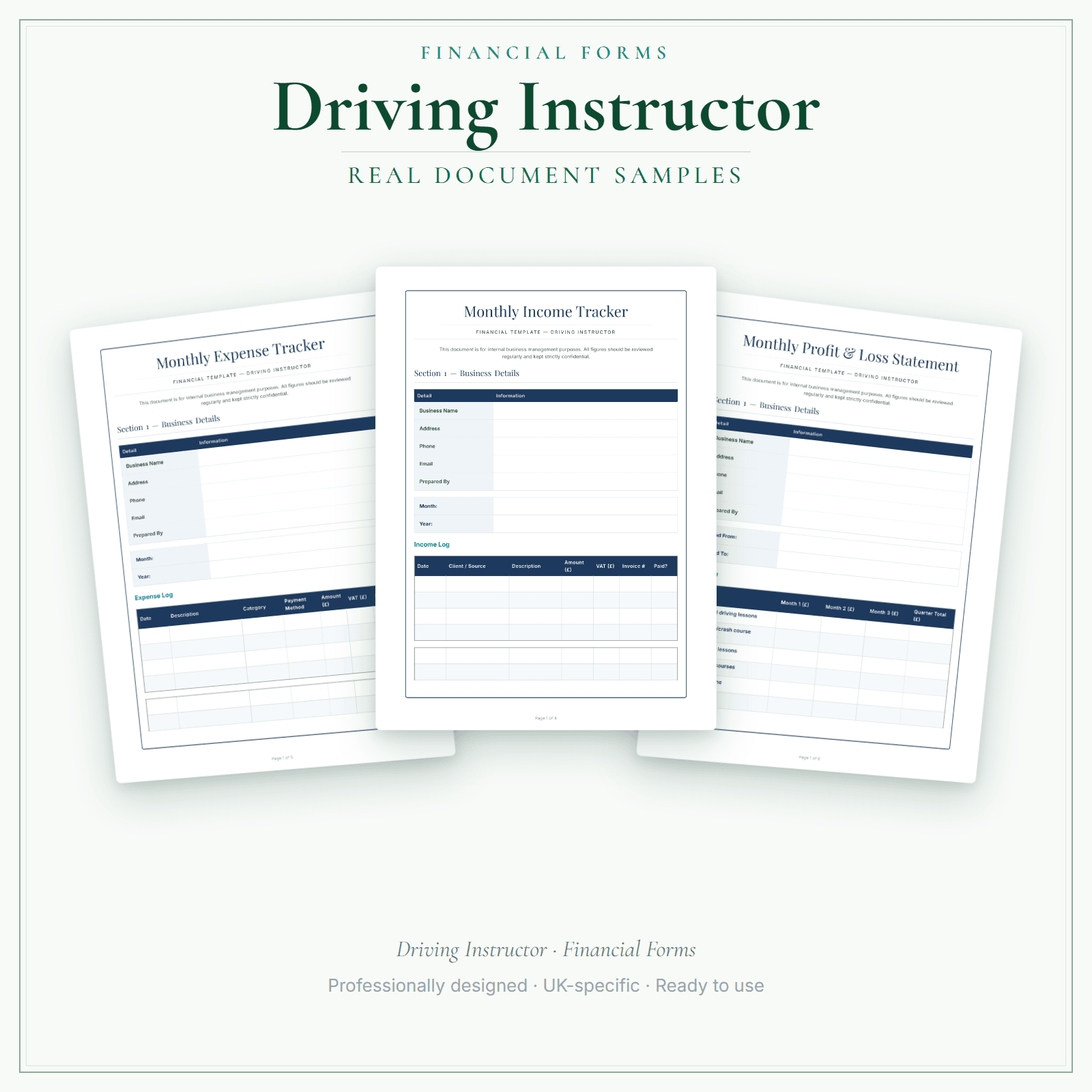 Driving Instructor — Financial Forms Bundle — Premium sample pages preview