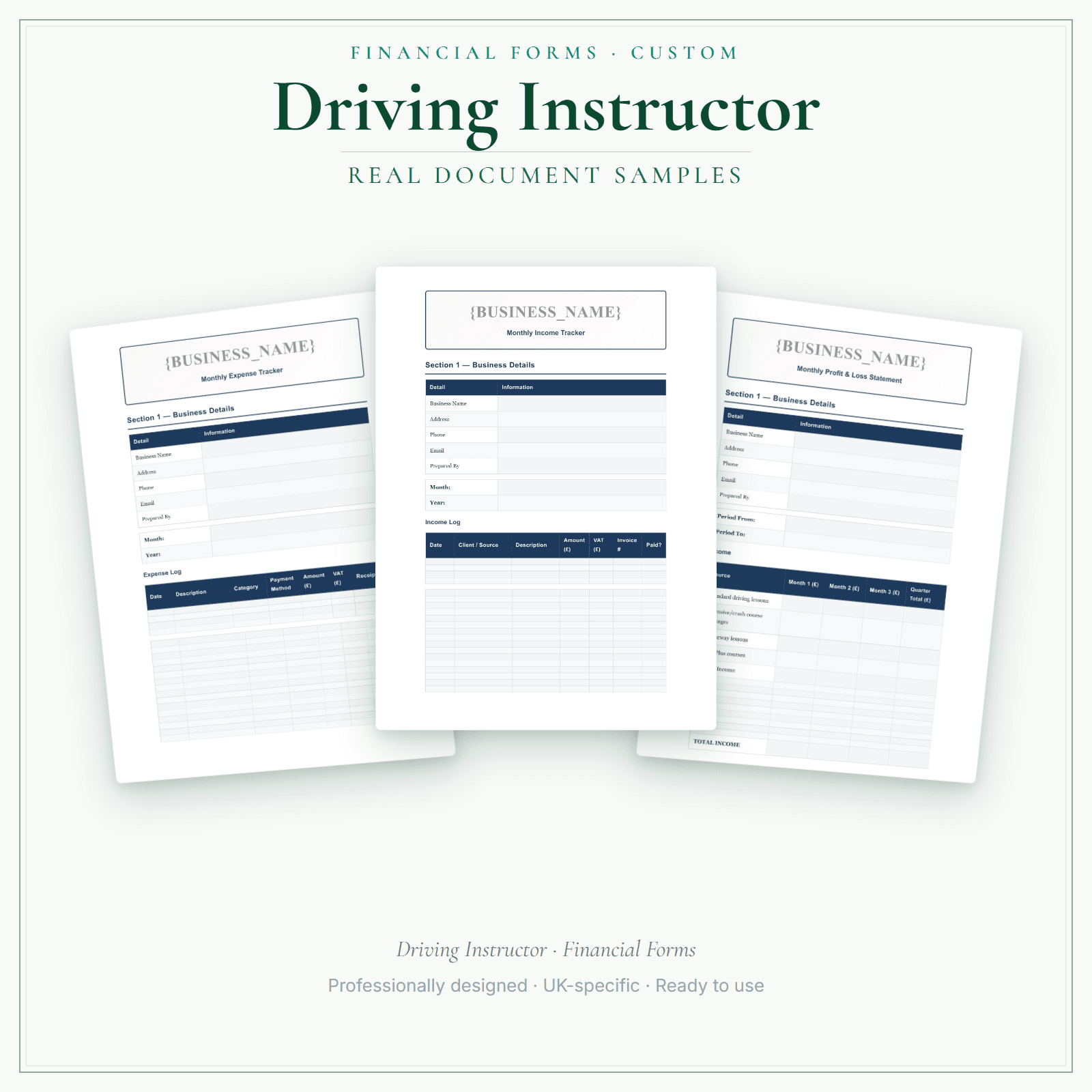 Driving Instructor — Financial Forms Bundle — Customisable sample pages preview