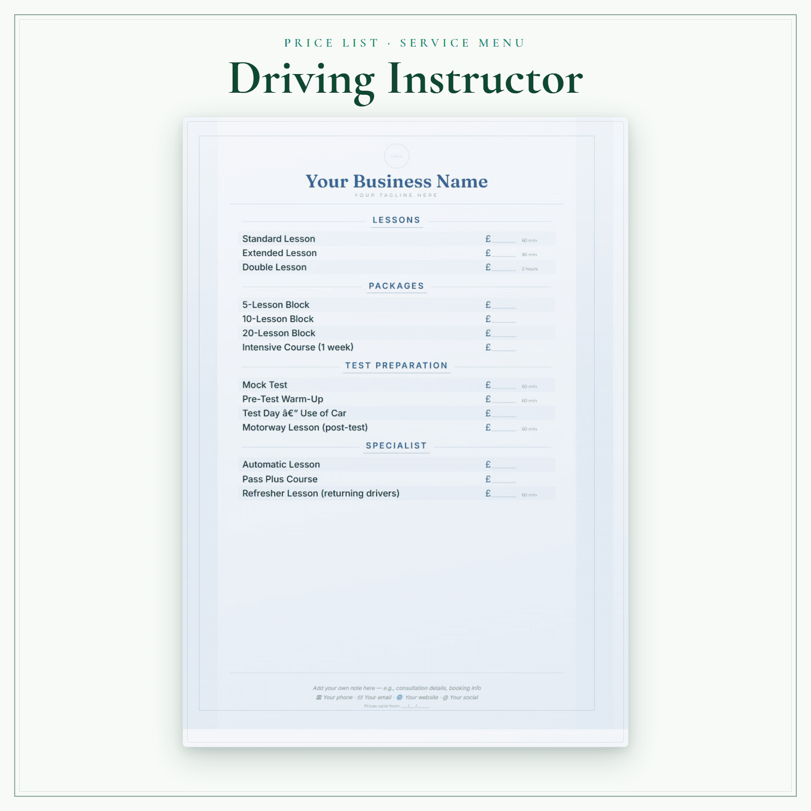 Driving Instructor — Price List & Service Menu sample pages preview