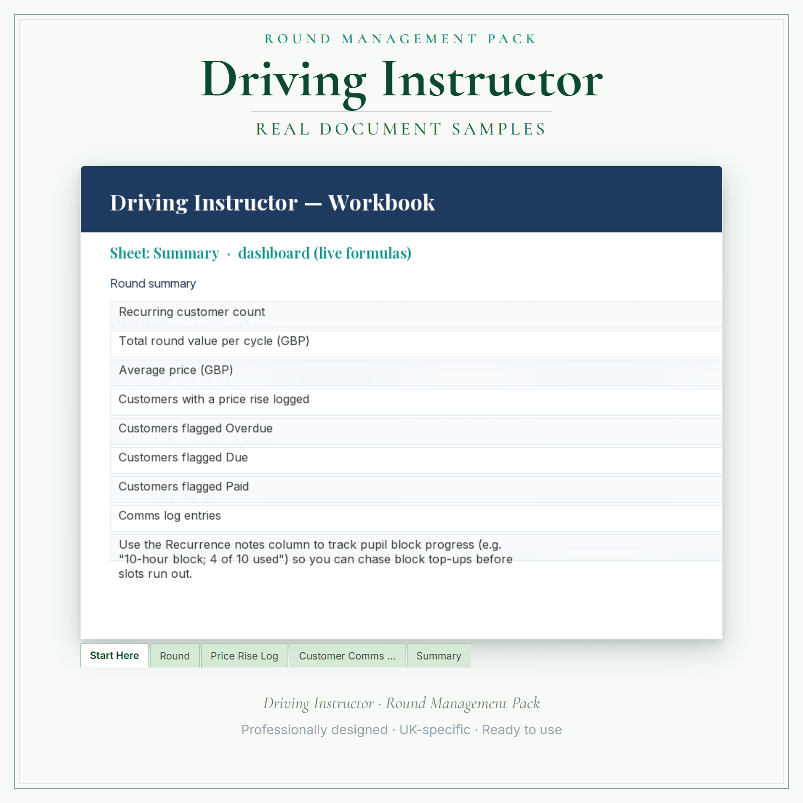 Driving Instructor — Round Management Pack sample pages preview