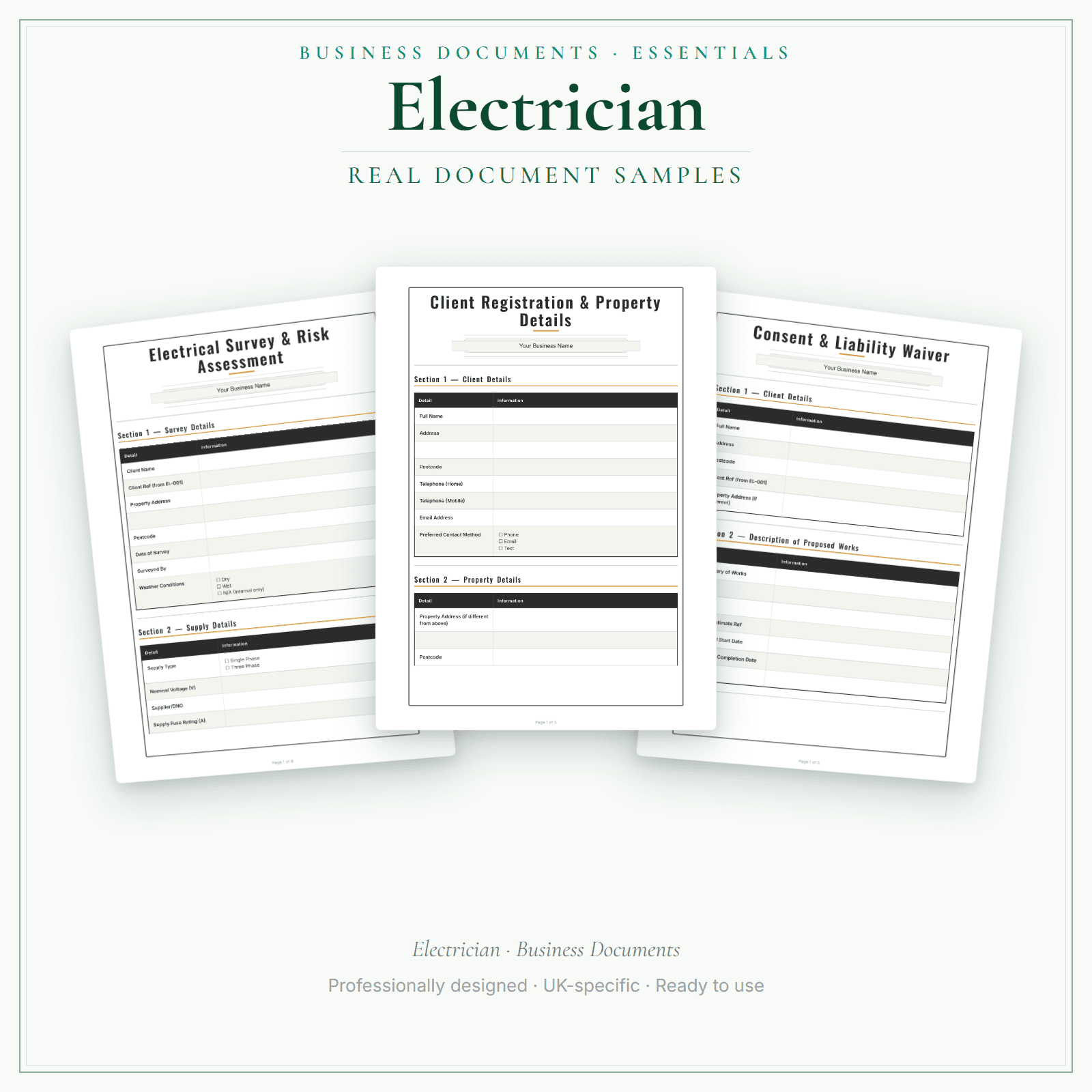Electrician — Business Documents — Essential sample pages preview