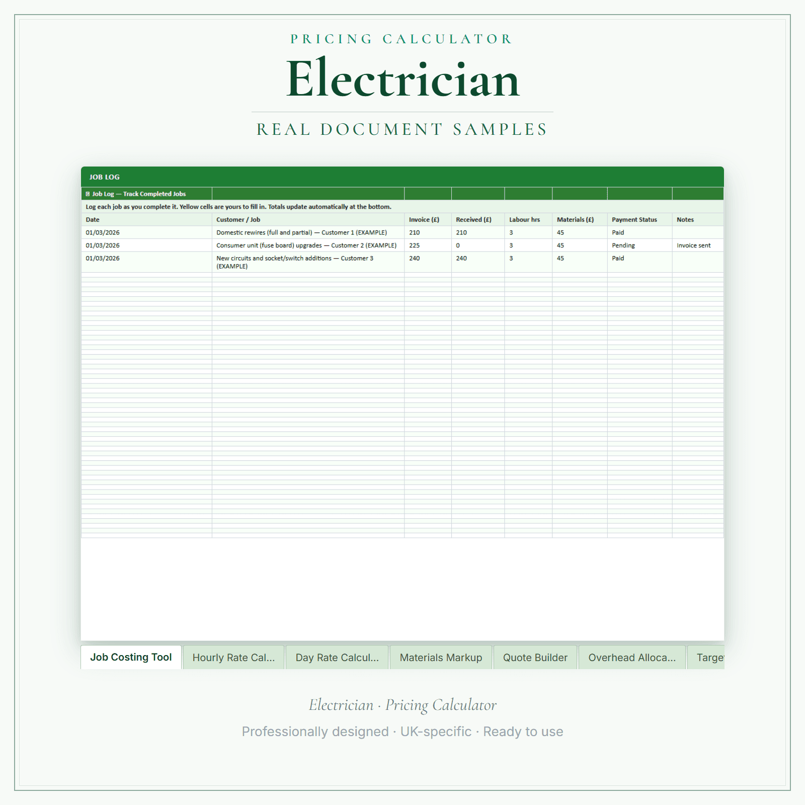 Electrician — Pricing Calculator — Premium sample pages preview