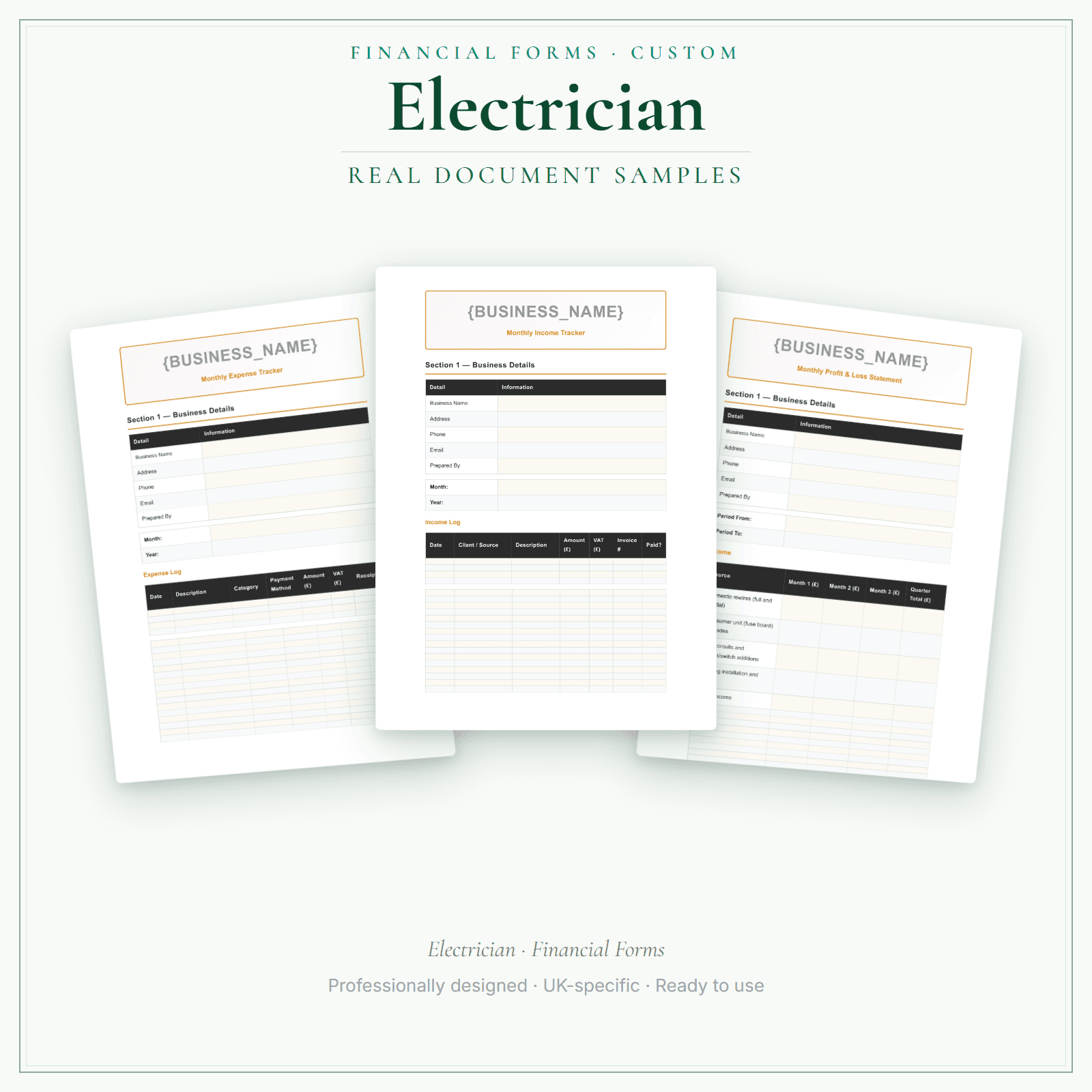Electrician — Financial Forms Bundle — Customisable sample pages preview