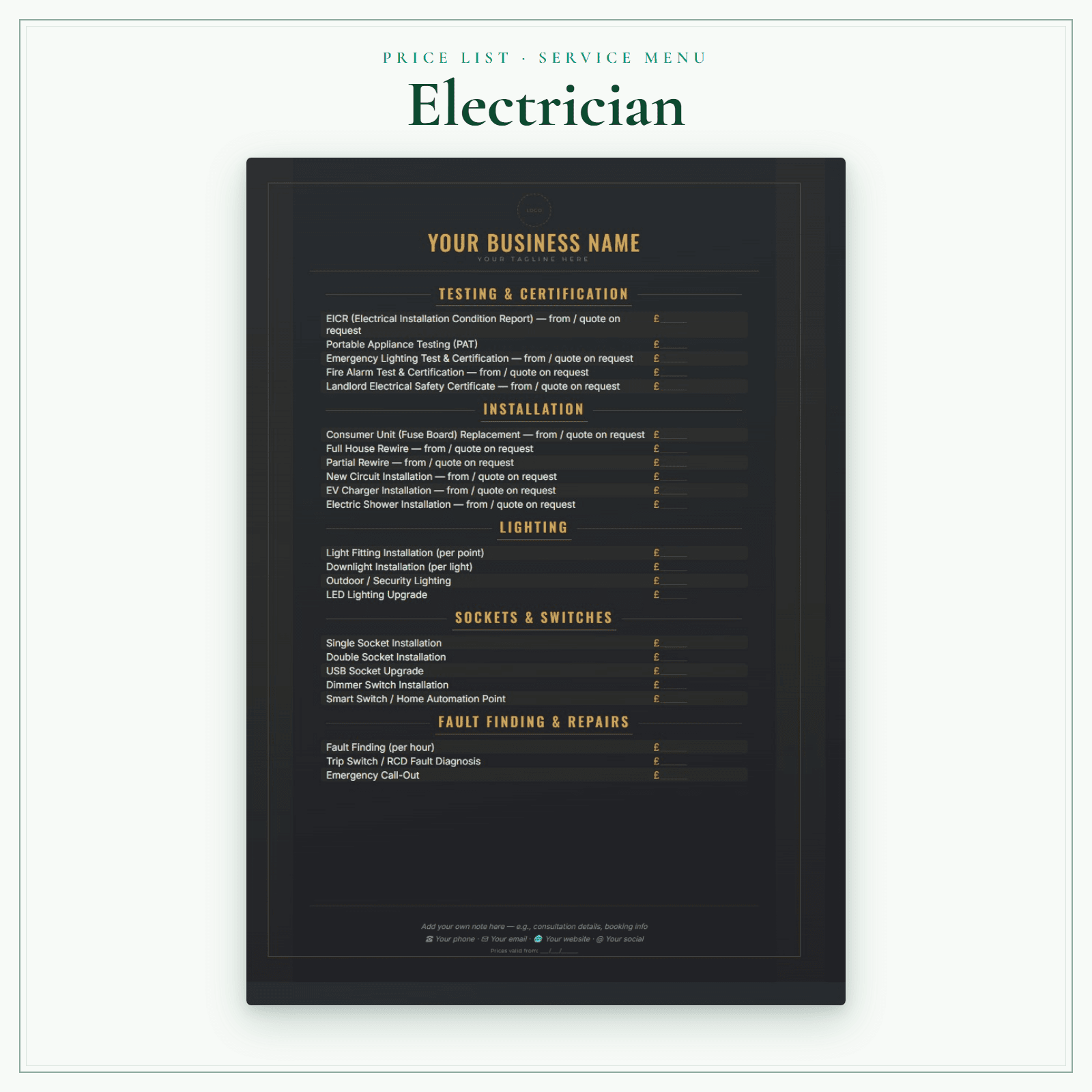 Electrician — Price List & Service Menu sample pages preview