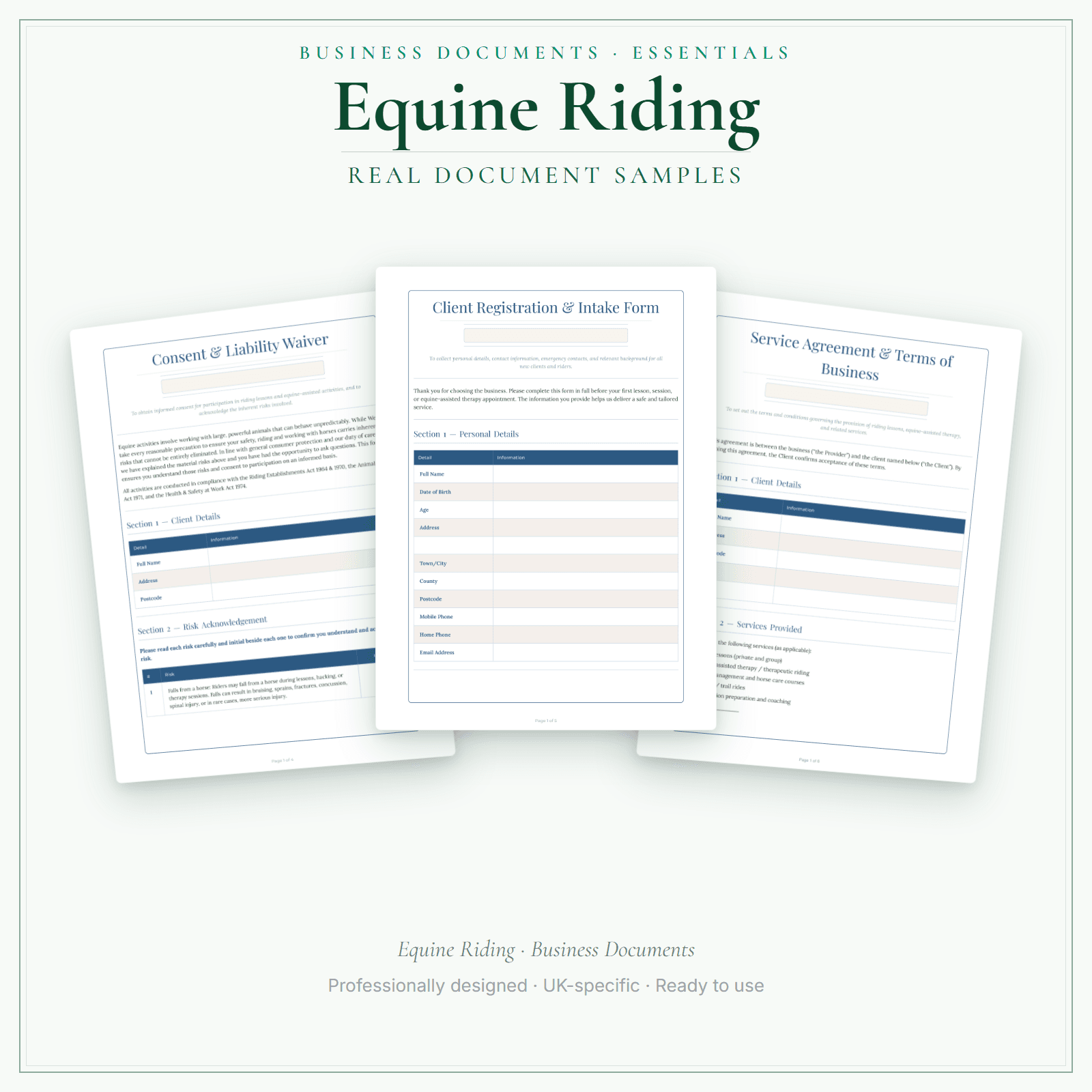 Equine Riding — Business Documents — Essential sample pages preview