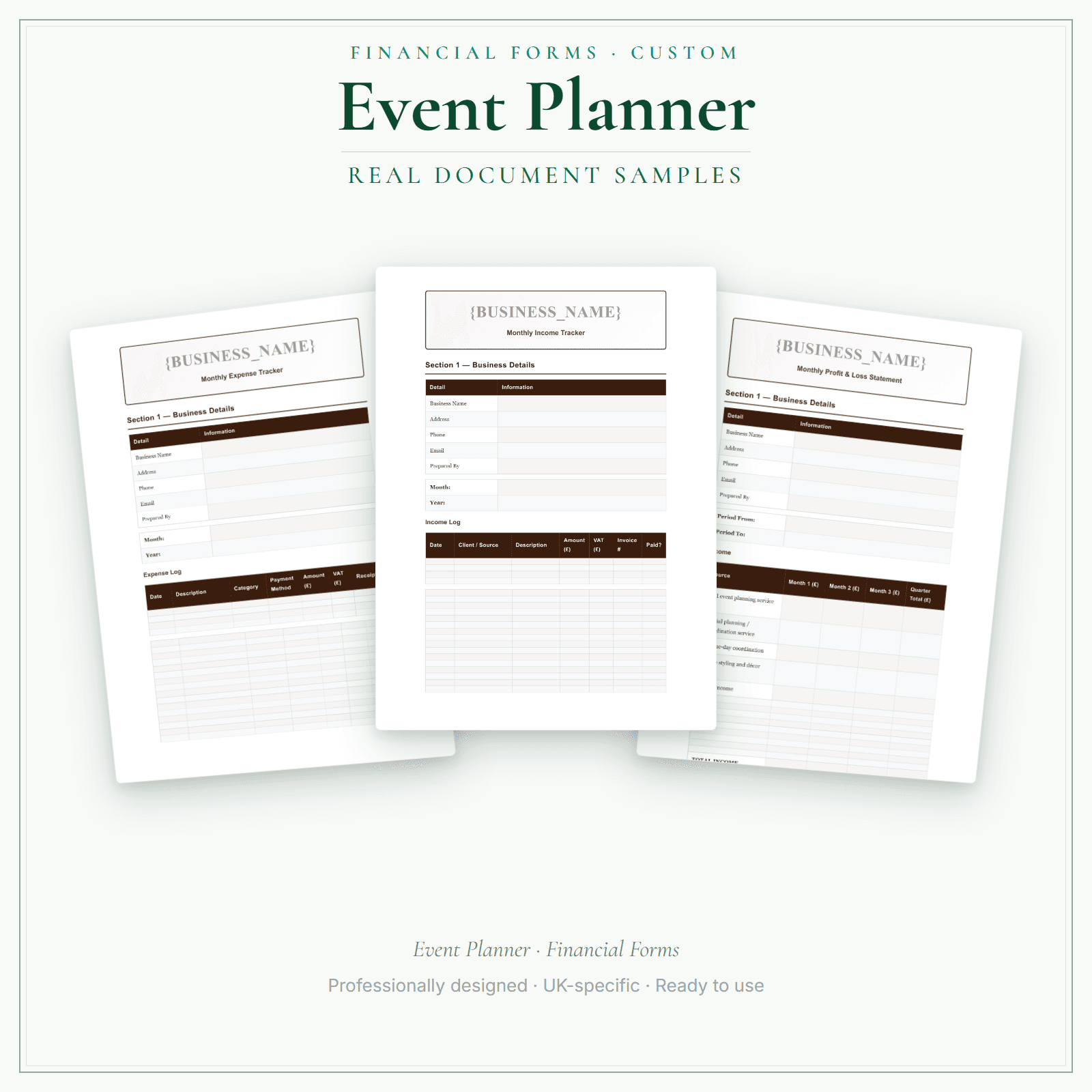 Event Planner — Financial Forms Bundle — Customisable sample pages preview