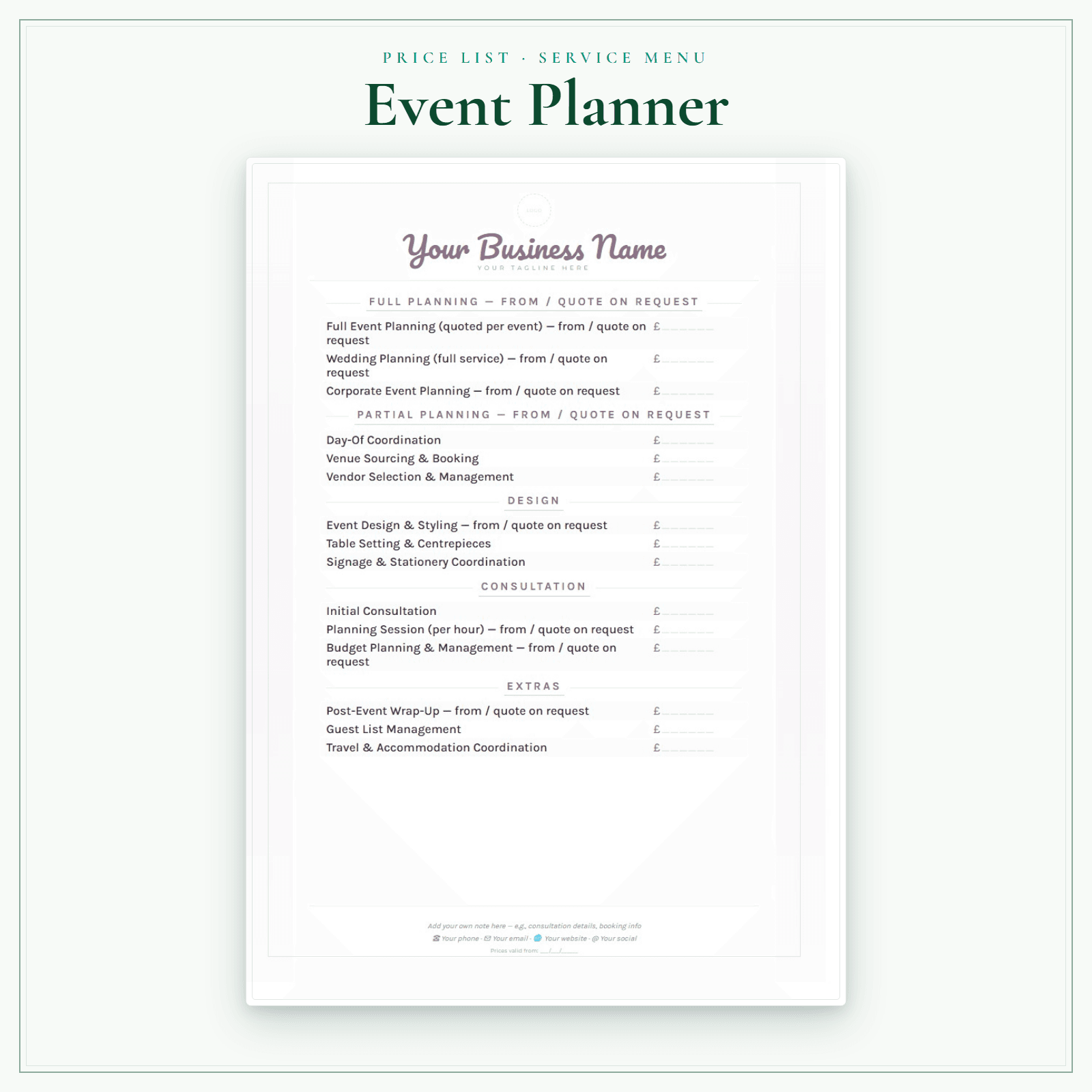Event Planner — Price List & Service Menu sample pages preview