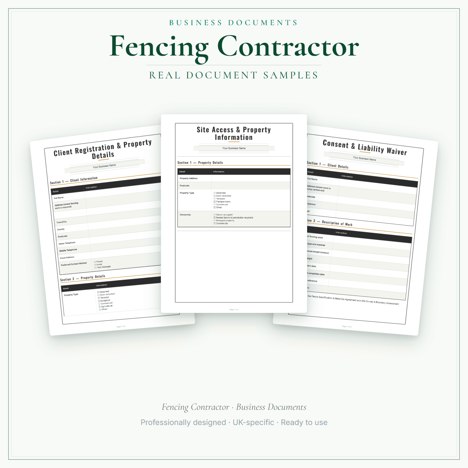 Fencing Contractor — Business Documents — Premium sample pages preview