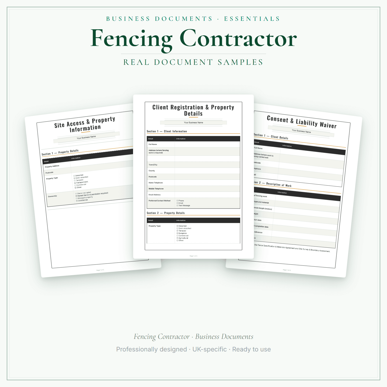 Fencing Contractor — Business Documents — Essential sample pages preview
