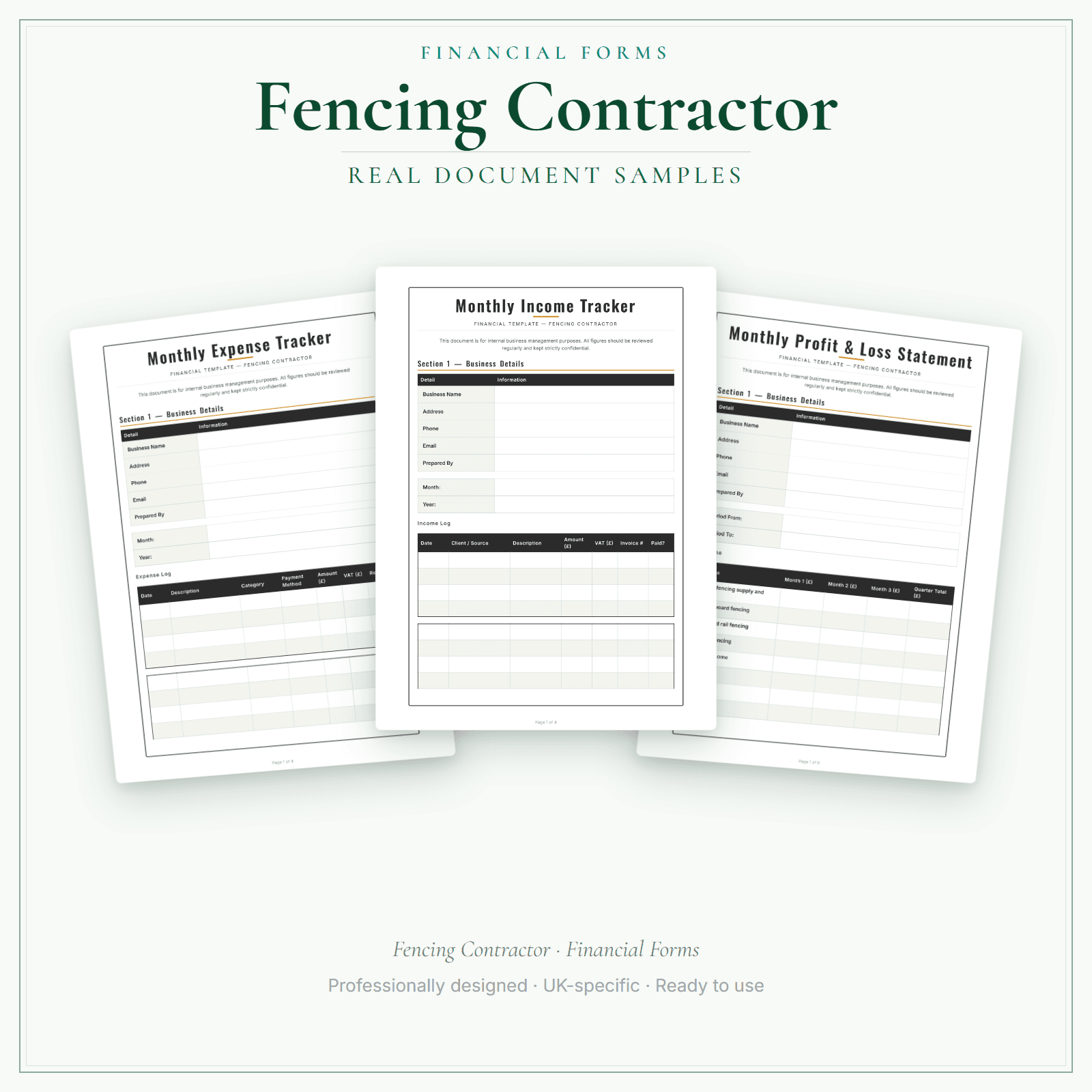 Fencing Contractor — Financial Forms Bundle — Premium sample pages preview