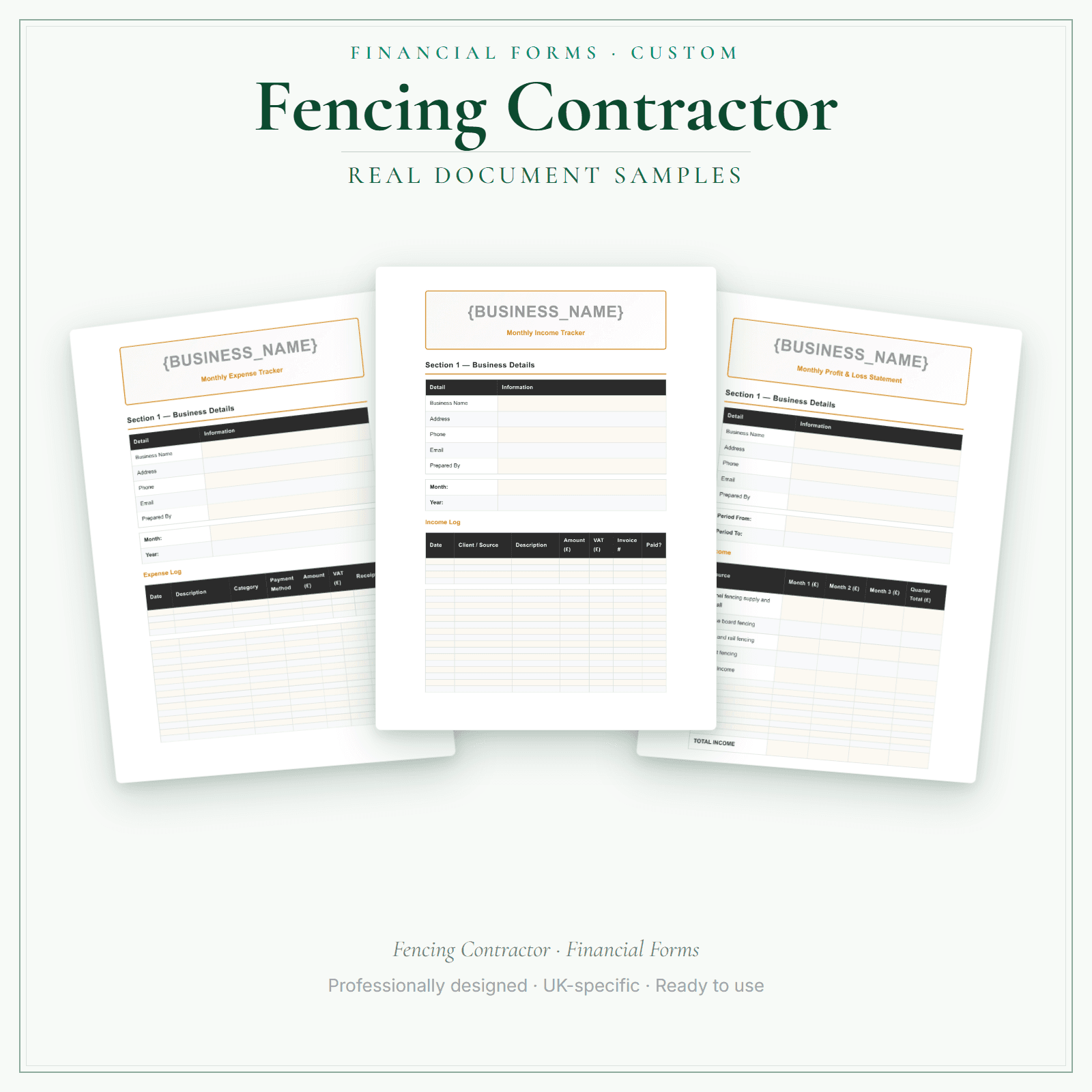 Fencing Contractor — Financial Forms Bundle — Customisable sample pages preview