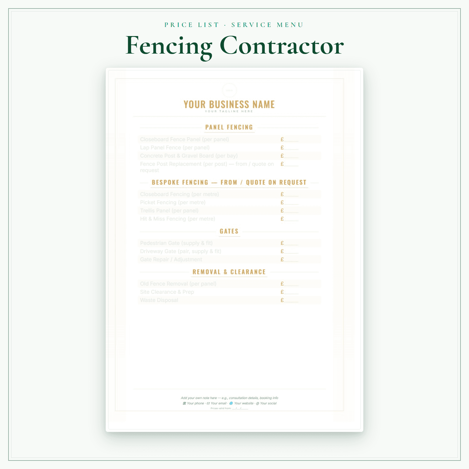Fencing Contractor — Price List & Service Menu sample pages preview