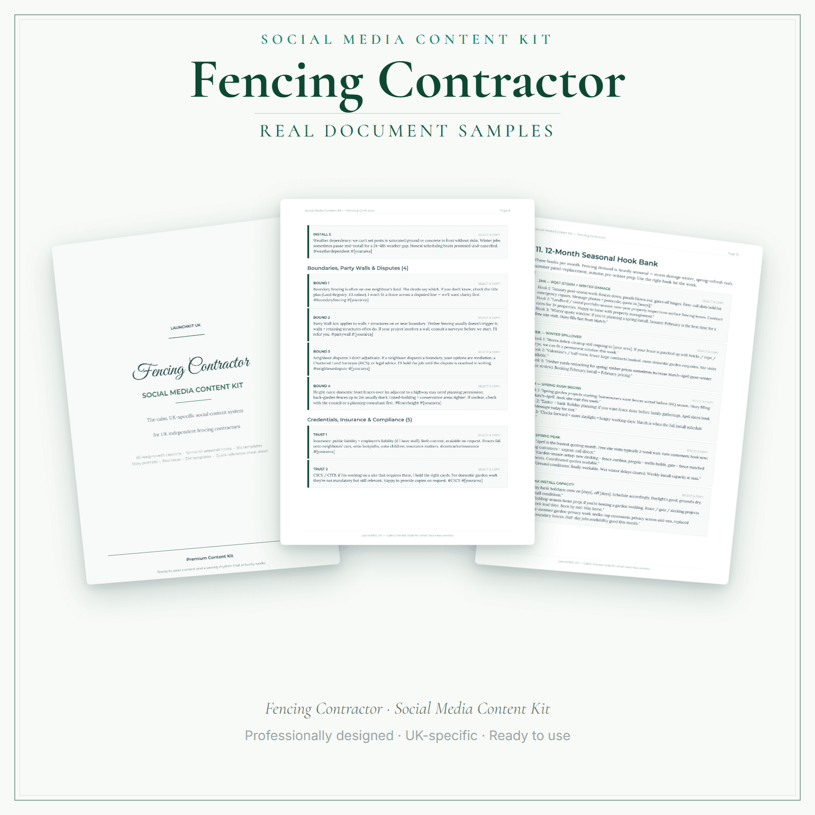 Fencing Contractor — Social Media Content Kit sample pages preview