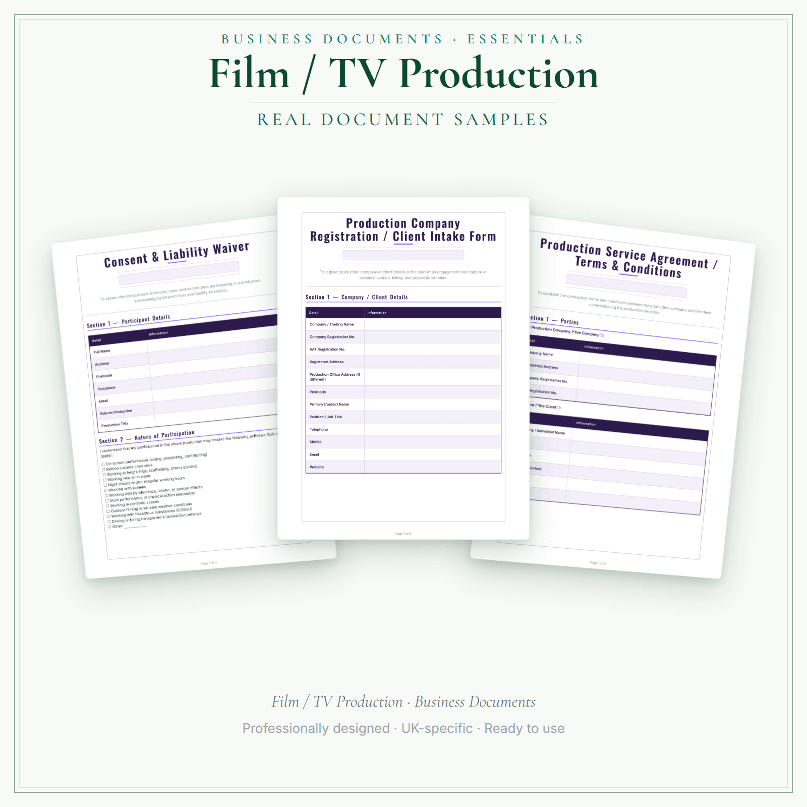 Film / TV Production — Business Documents — Essential sample pages preview