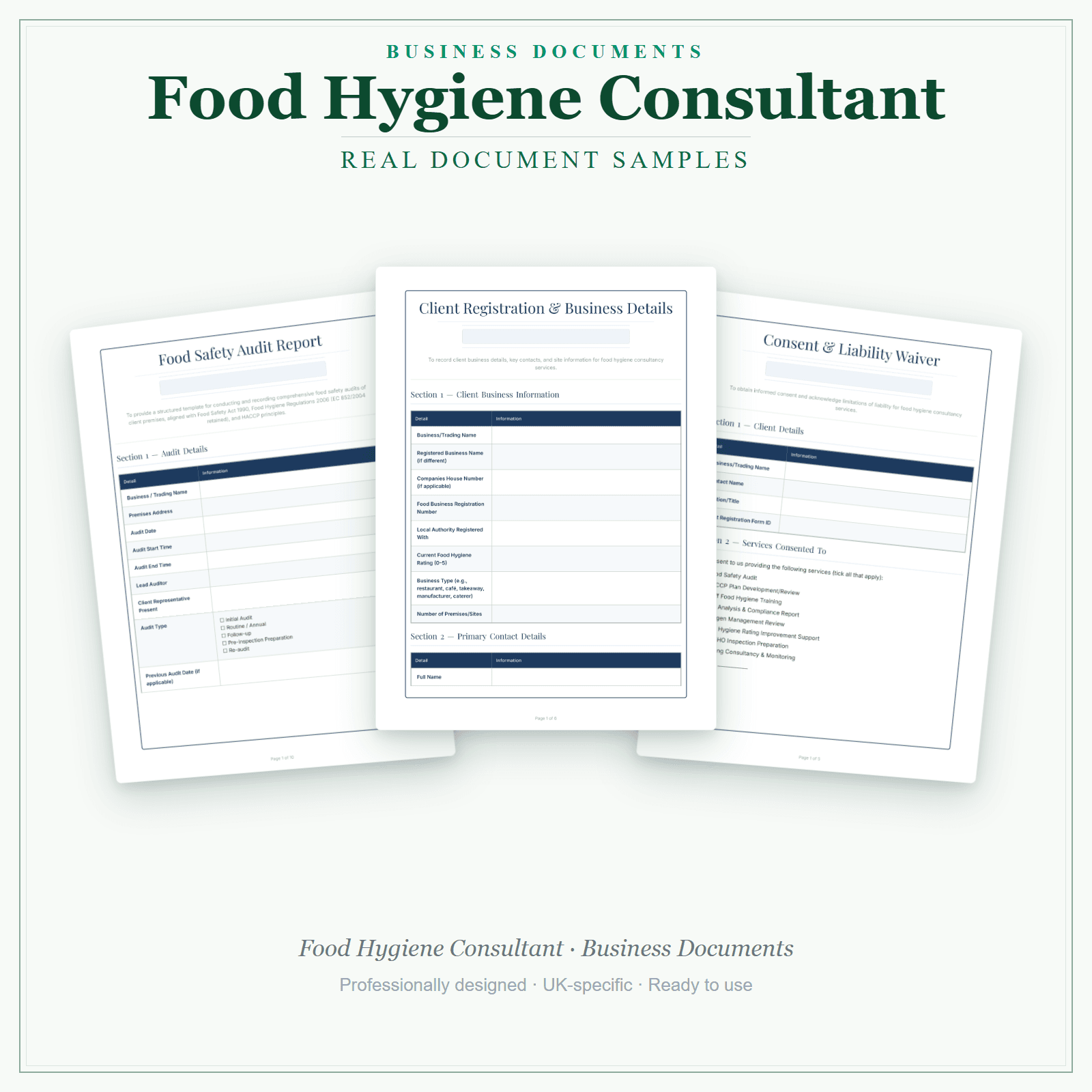 Food Hygiene Consultant — Business Documents — Premium sample pages preview