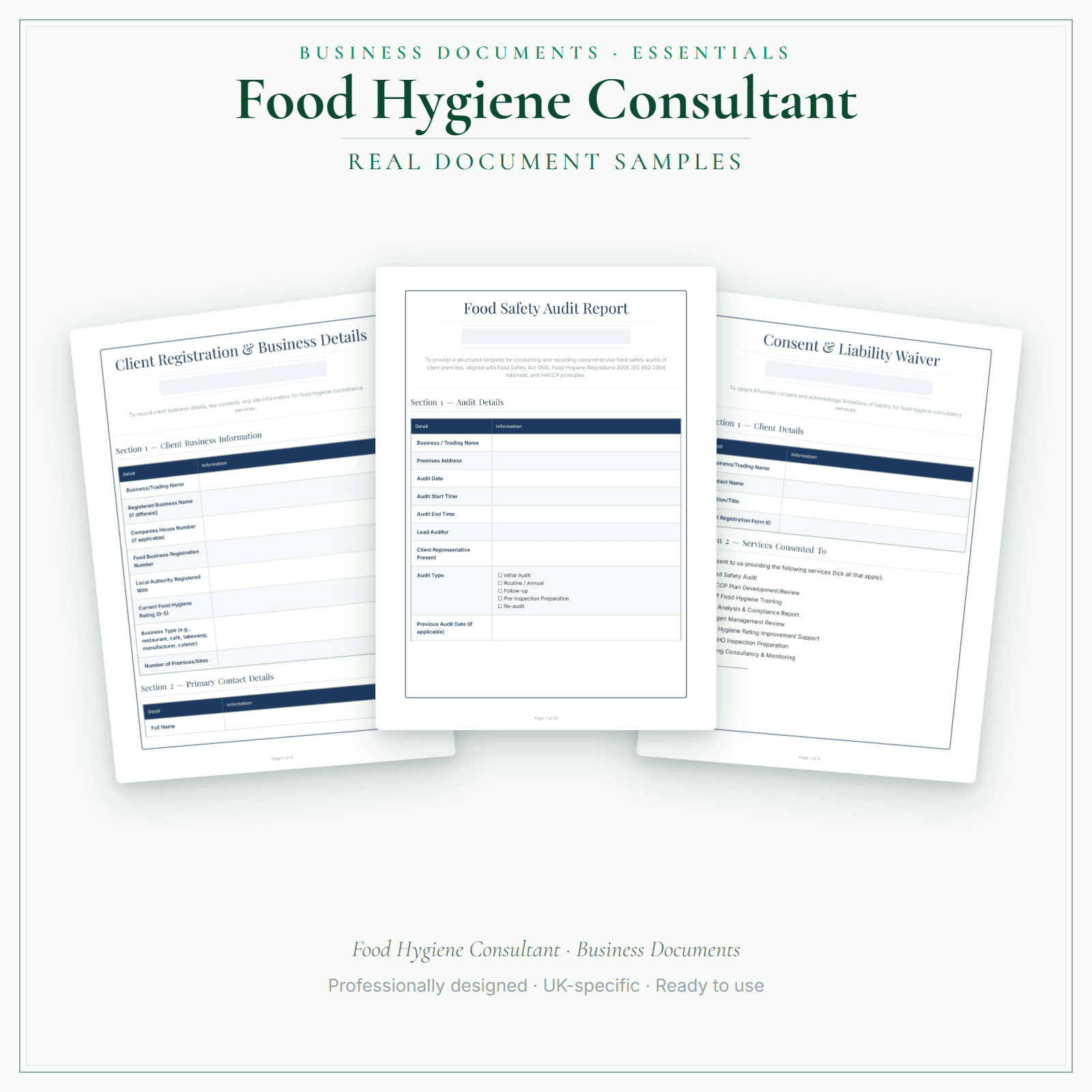 Food Hygiene Consultant — Business Documents — Essential sample pages preview